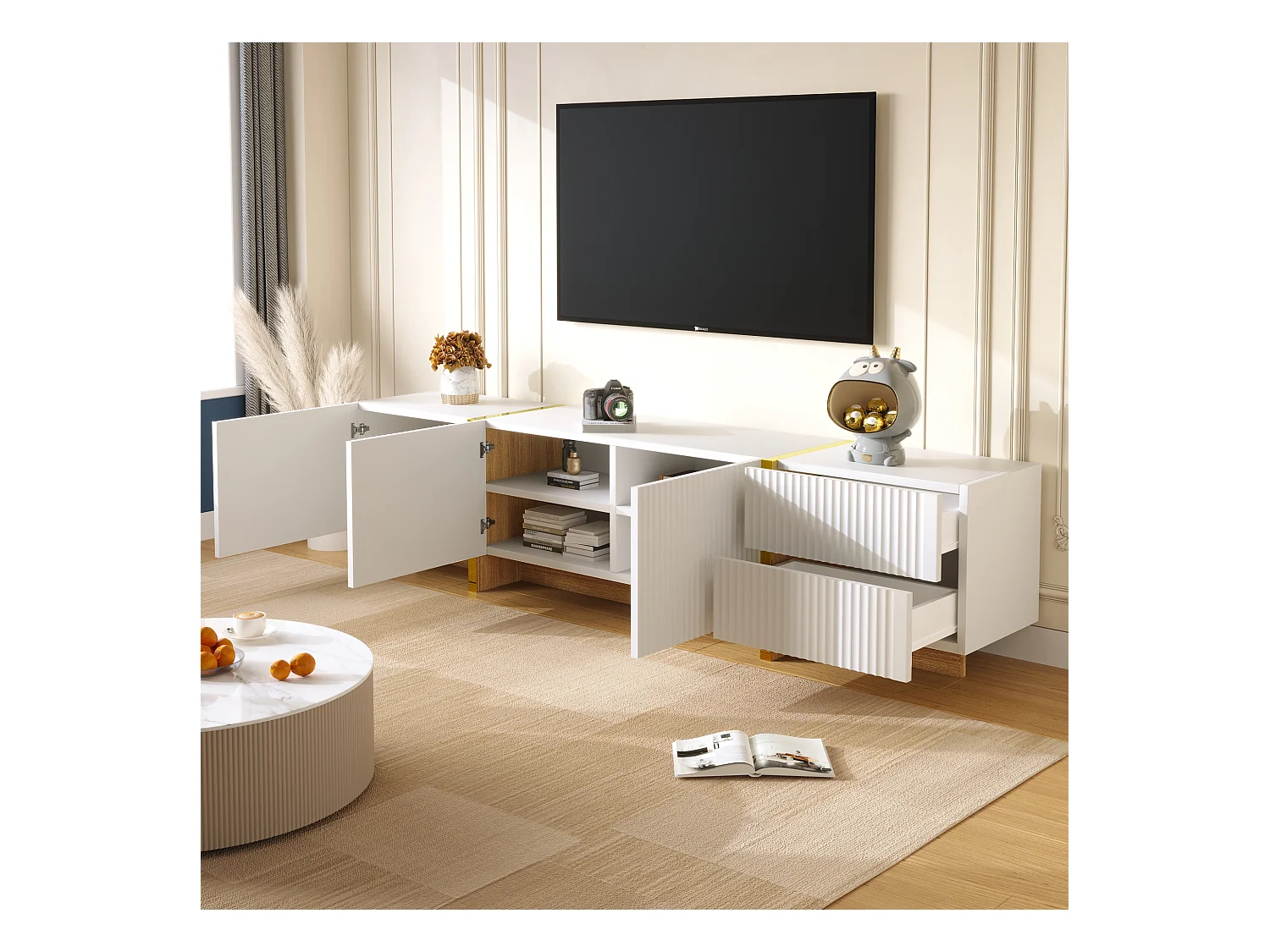 TV kast 190x35x45cm met 3 deuren 2 laden en gouden decoraties brengen Materiaal MDF en Wit
