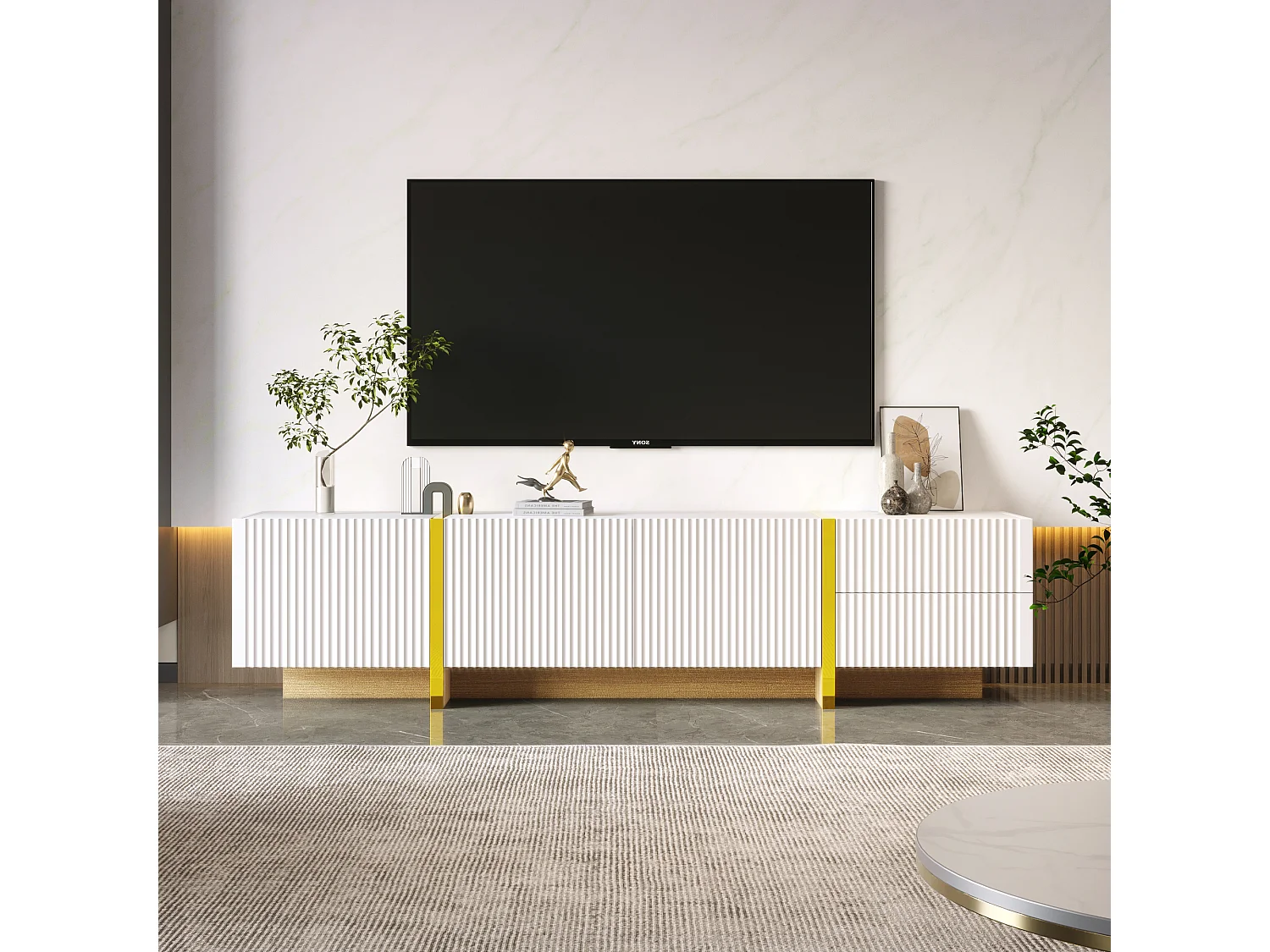 TV kast 190x35x45cm met 3 deuren 2 laden en gouden decoraties brengen Materiaal MDF en Wit