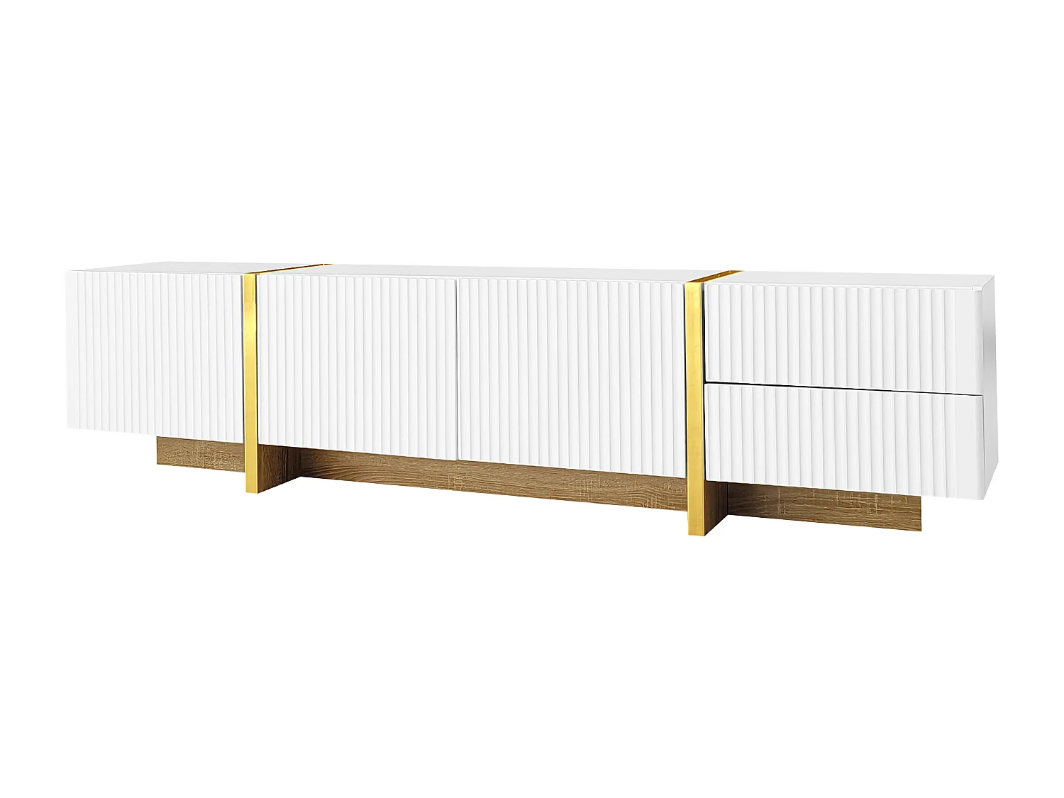 Meuble TV 190x35x45 cm, 3 portes, 2 tiroirs, charnières amorties, MDF et panneaux de particules, blanc et doré