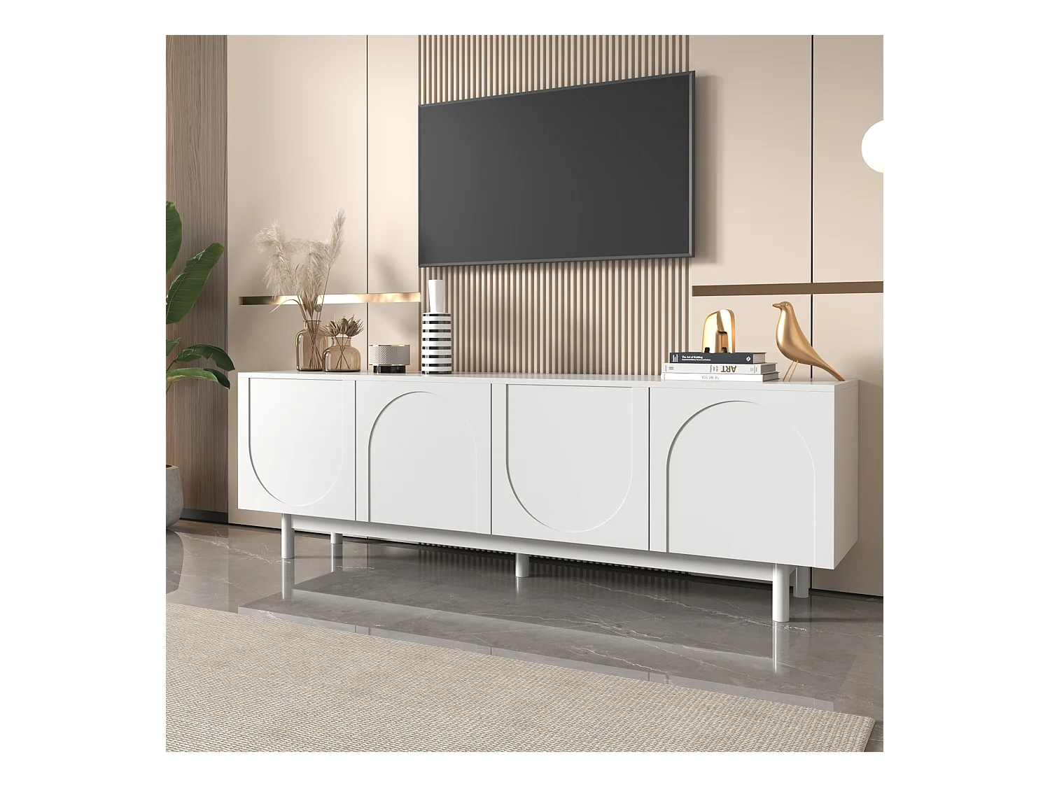 Meuble TV 175x38x56 cm avec étagères réglables et portes à pousser matériau en panneaux de particules blanc pour salon