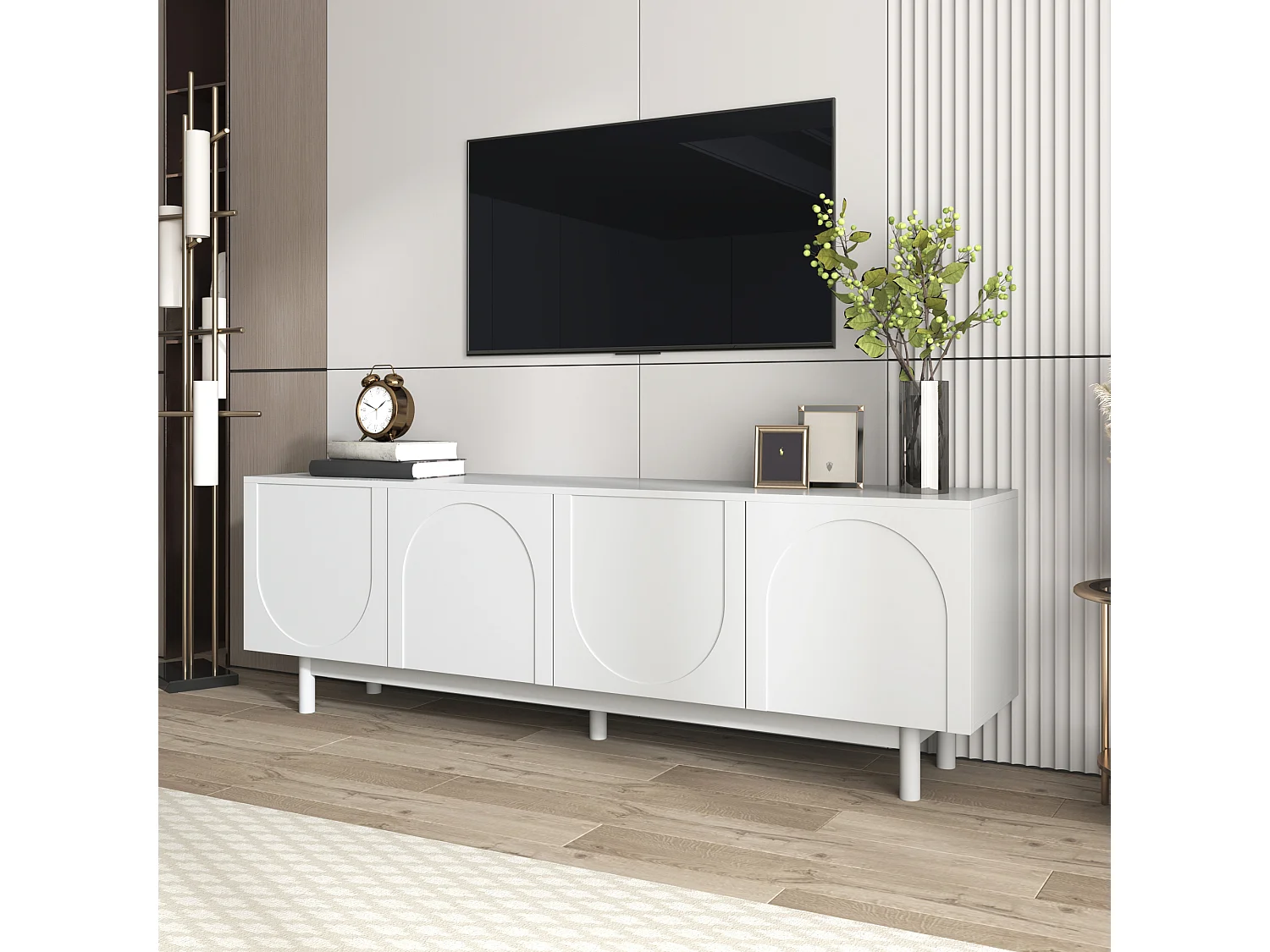 Meuble TV 175x38x56 cm, 4 portes push to open, étagères réglables, panneaux de particules blanc