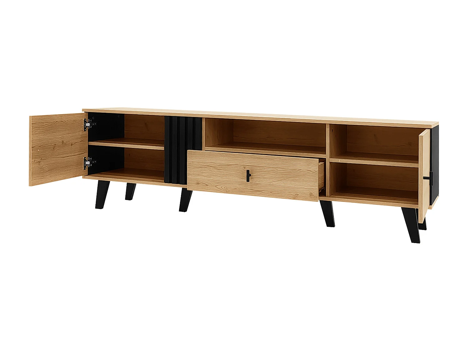 Meuble TV 170x40x50.5 cm, 2 portes, 1 tiroir et 1 niche, design bois et noir, verre et panneaux de particules, naturel