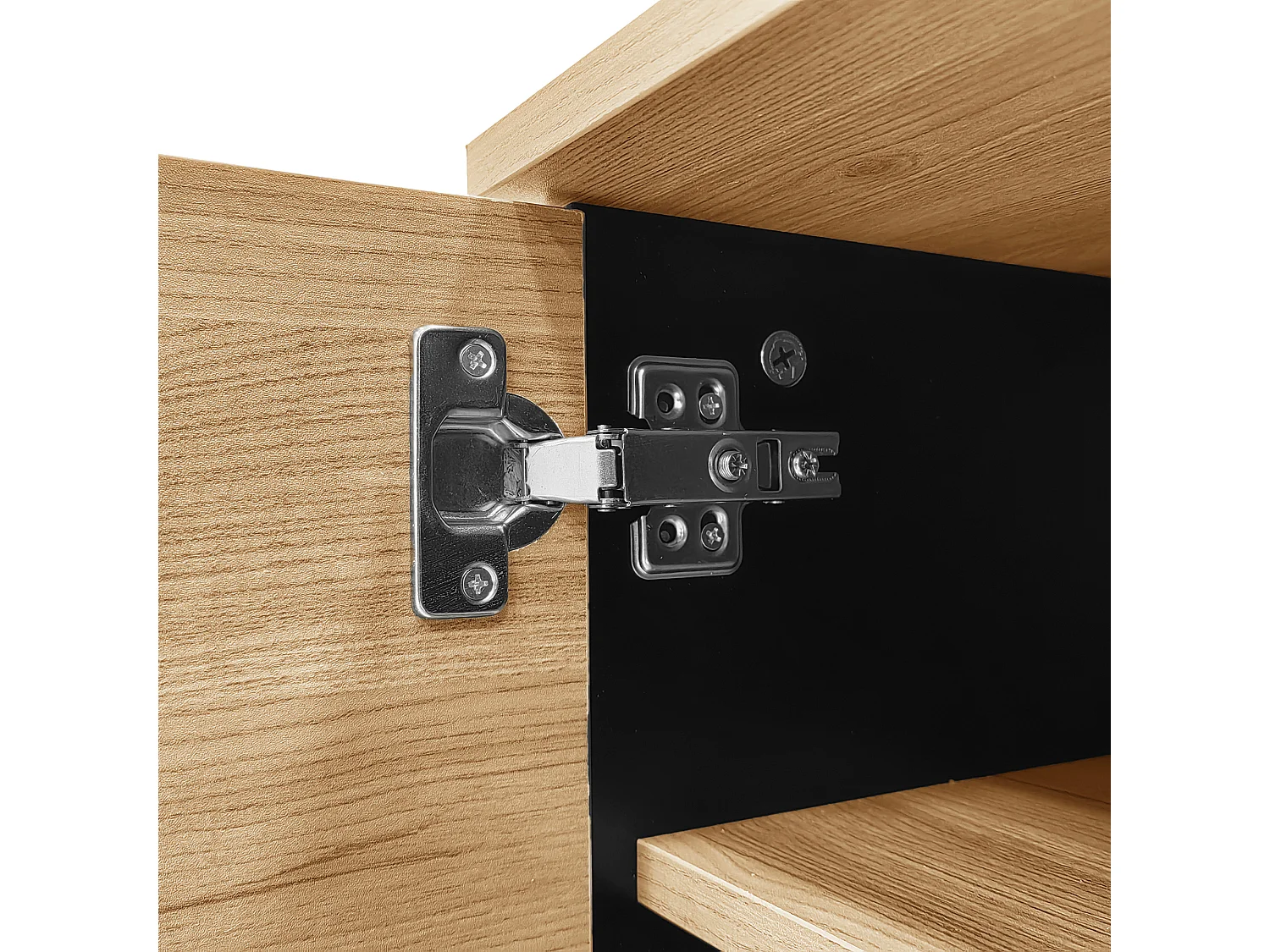 Meuble TV 170x40x50.5 cm, 2 portes, 1 tiroir et 1 niche, design bois et noir, verre et panneaux de particules, naturel