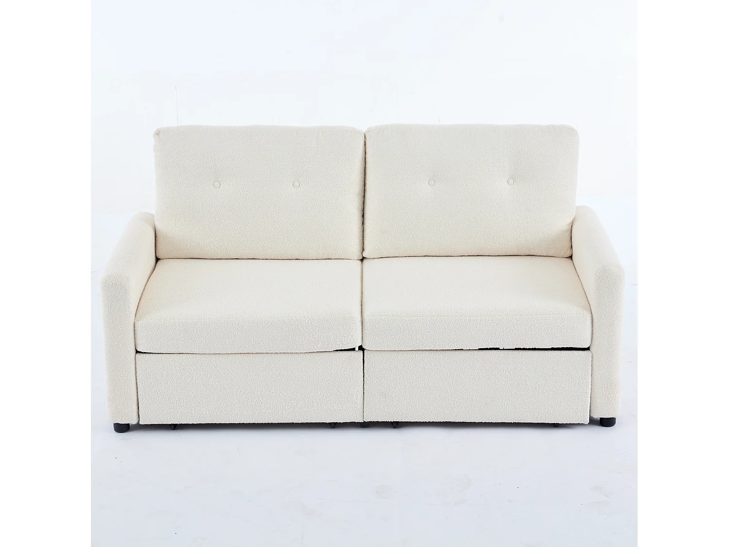 Canapé 2 places ivoire avec 2 tiroirs, bois et tissu.