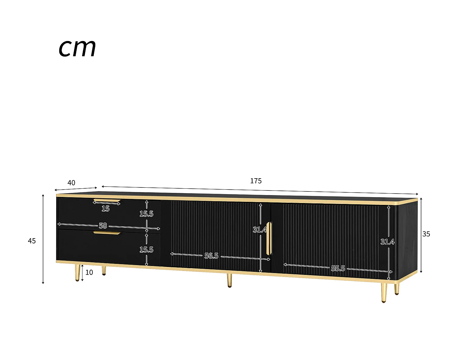 Meuble TV 175x40x45 cm avec tiroirs et armoires de rangement panneaux de particules noir et or pour salon