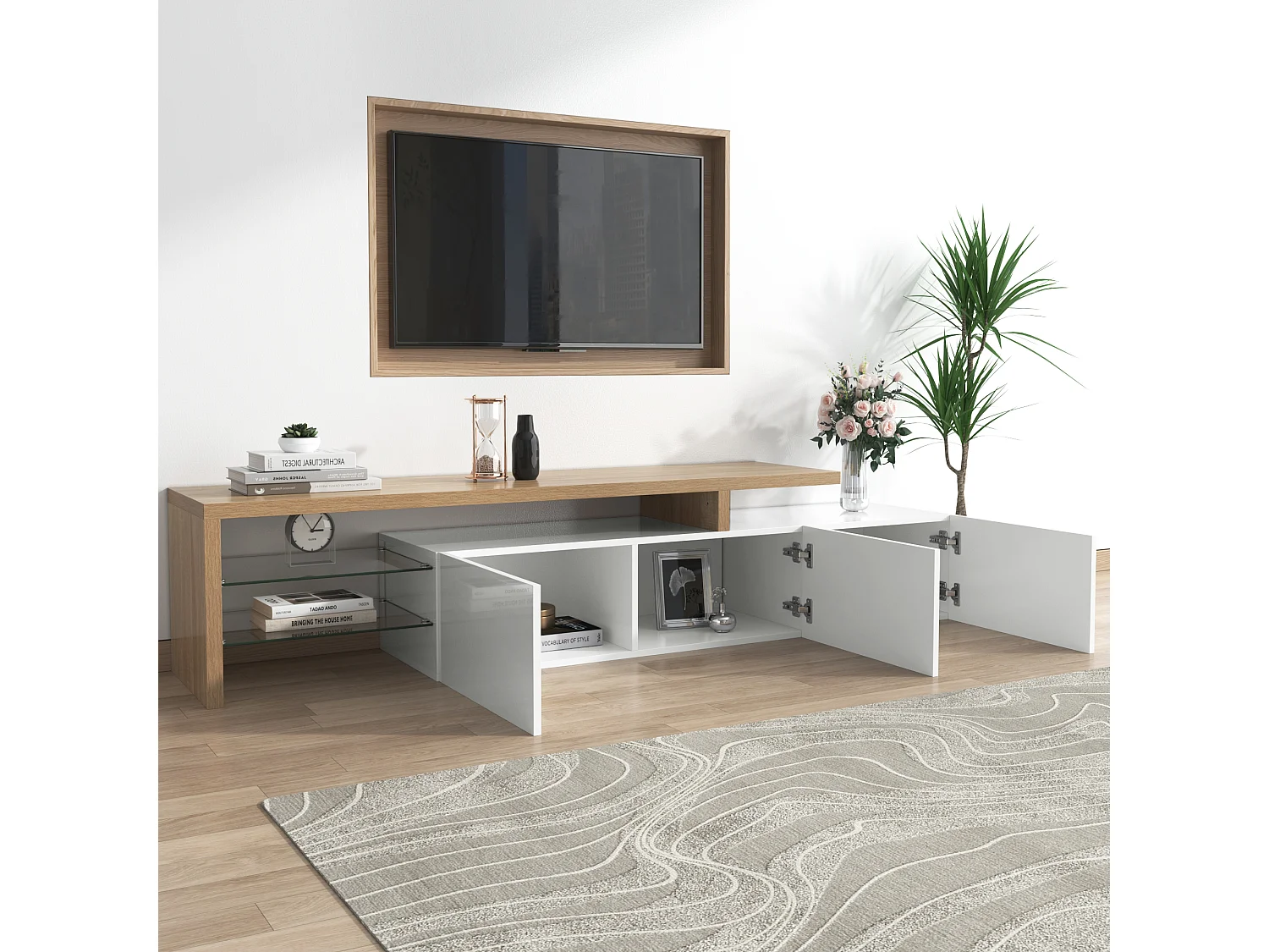 Meuble TV 197.5x39x42cm Lumières LED 3 cabinets Espace de rangement Matériel MDF blanc Convient pour le salon