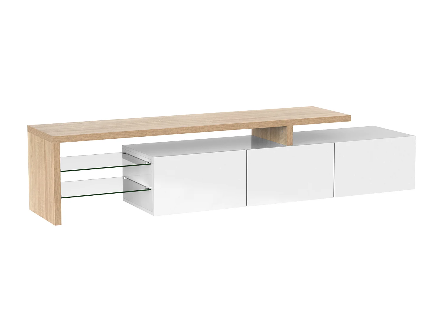 Meuble TV 197.5x39x42 cm, 3 placards, étagères en verre, LED 7 couleurs, MDF et verre, naturel et blanc