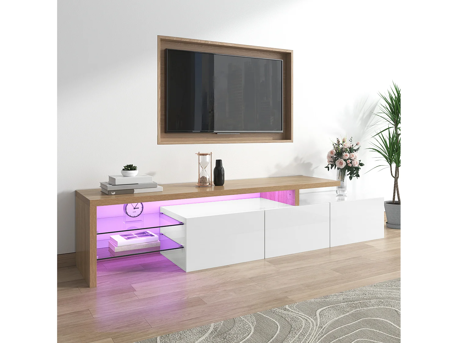 Meuble TV 197.5x39x42 cm, 3 placards, étagères en verre, LED 7 couleurs, MDF et verre, naturel et blanc