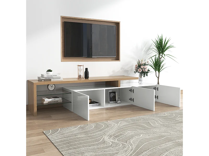 TV kast 197.5x39x42cm met LED verlichting 3 kasten en opslagruimte brengen Materiaal MDF en Wit