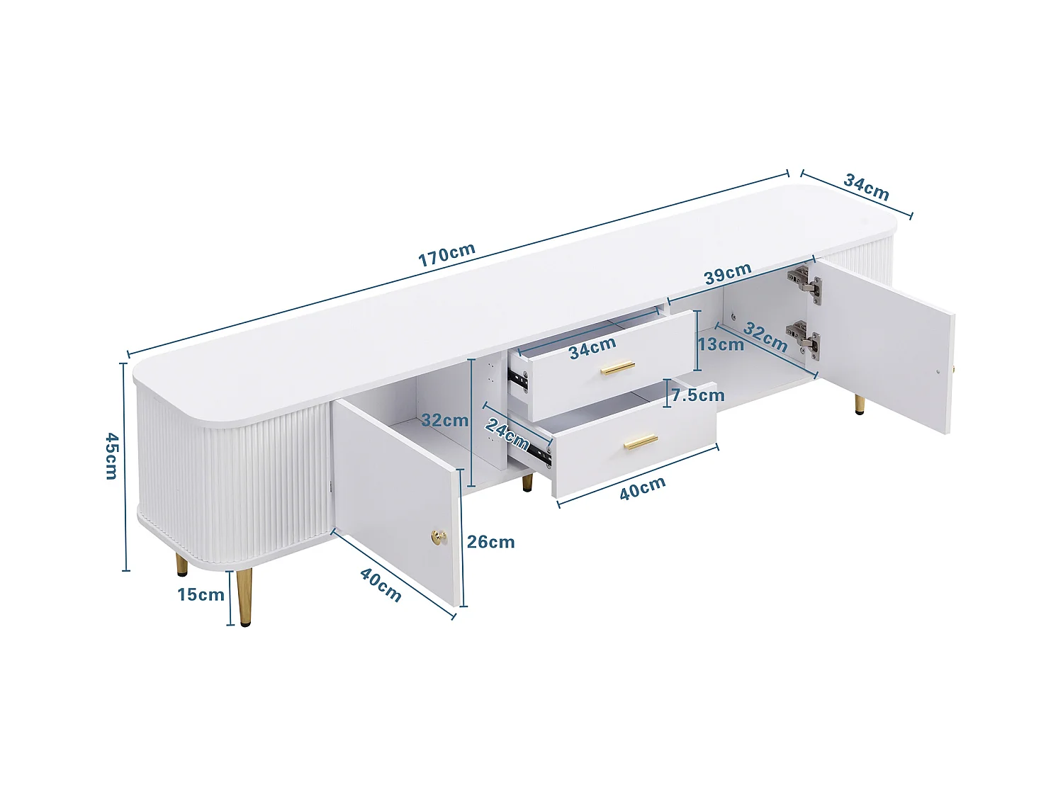 TV-meubel 170x34x45 cm met lades en opbergkasten MDF-materiaal in wit voor woonkamer