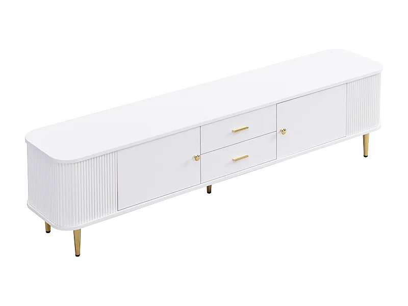 Meuble TV 170x34x45 cm, coins arrondis, 2 tiroirs et 2 portes, ouverture fluide, MDF, blanc