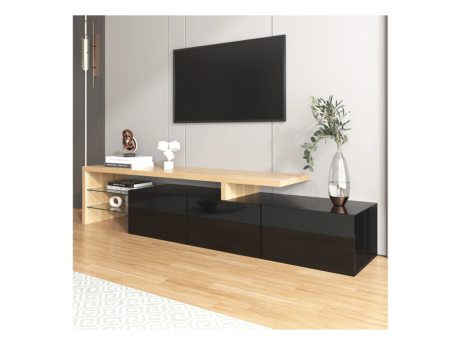 Meuble TV 197.5x39x42cm Lumières LED 3 cabinets Espace de rangement Matériel MDF noir Convient pour le salon