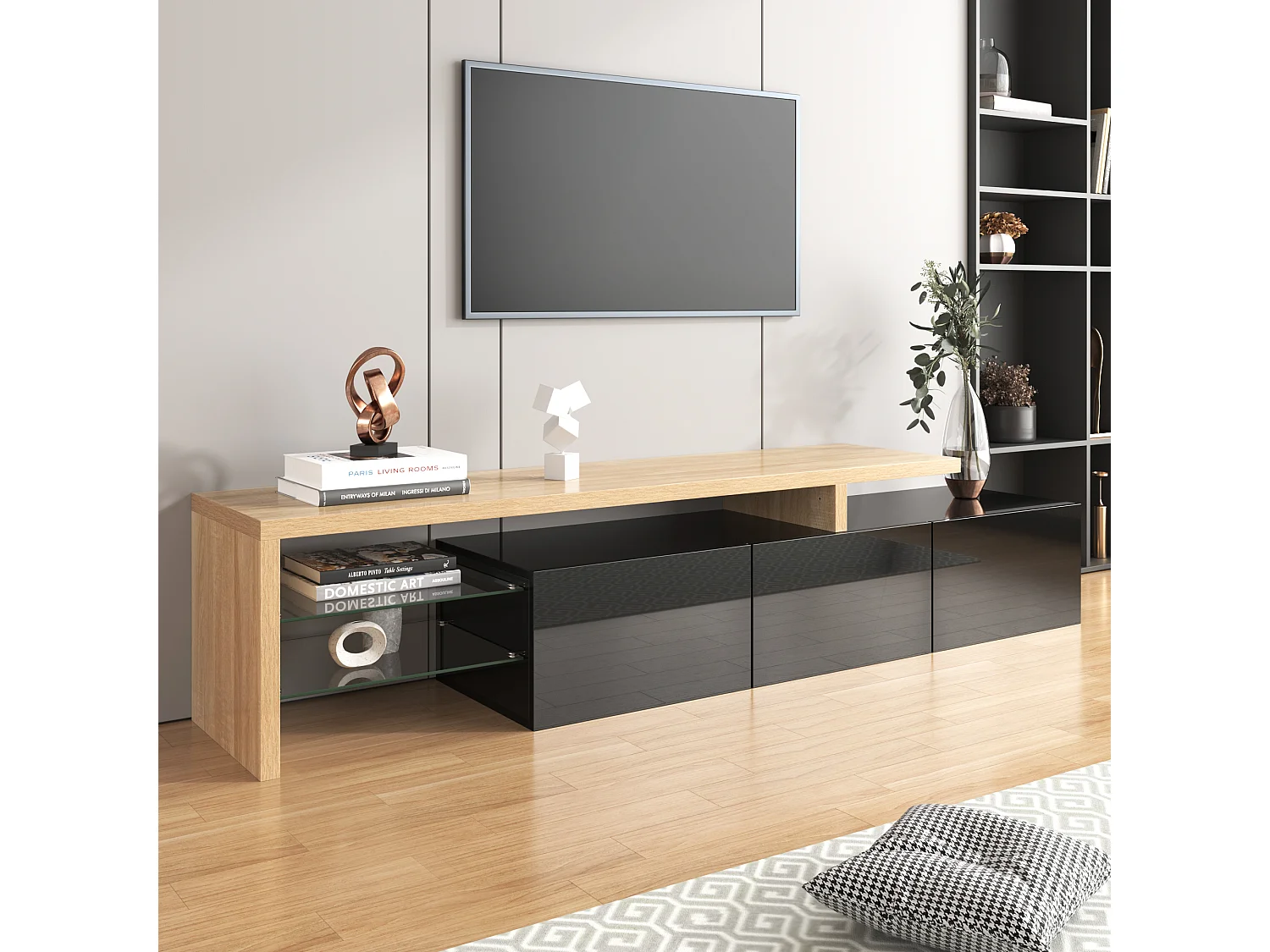 Meuble TV 197.5x39x42 cm, 3 placards, étagères en verre, LED 7 couleurs, MDF et verre, naturel et noir