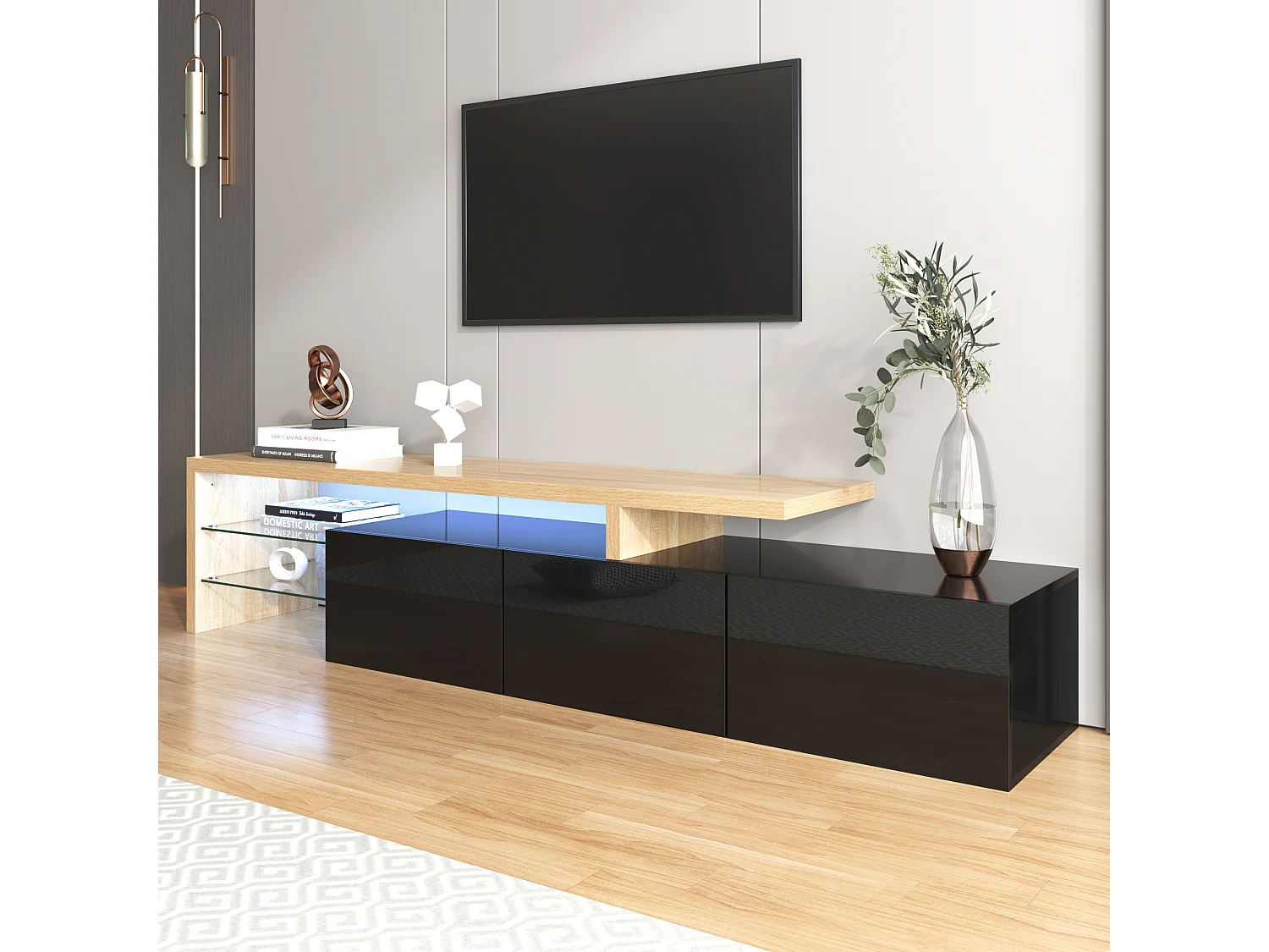 Meuble TV 197.5x39x42 cm, 3 placards, étagères en verre, LED 7 couleurs, MDF et verre, naturel et noir