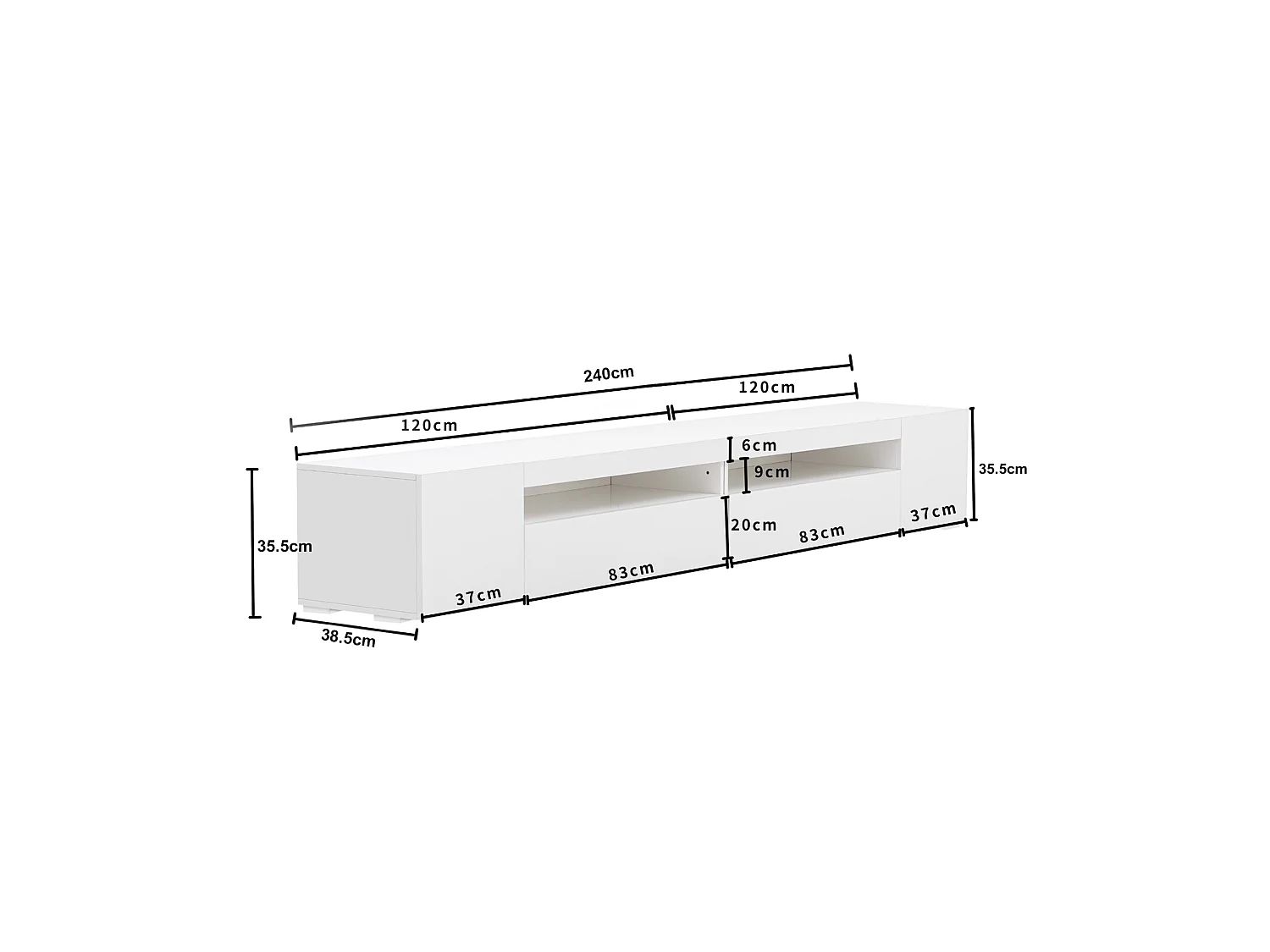 TV kast 240x38.5x35.5cm met veranderlijke LED verlichting symmetrisch ontwerp en opslagfunctie brengen Materiaal MDF en Wit