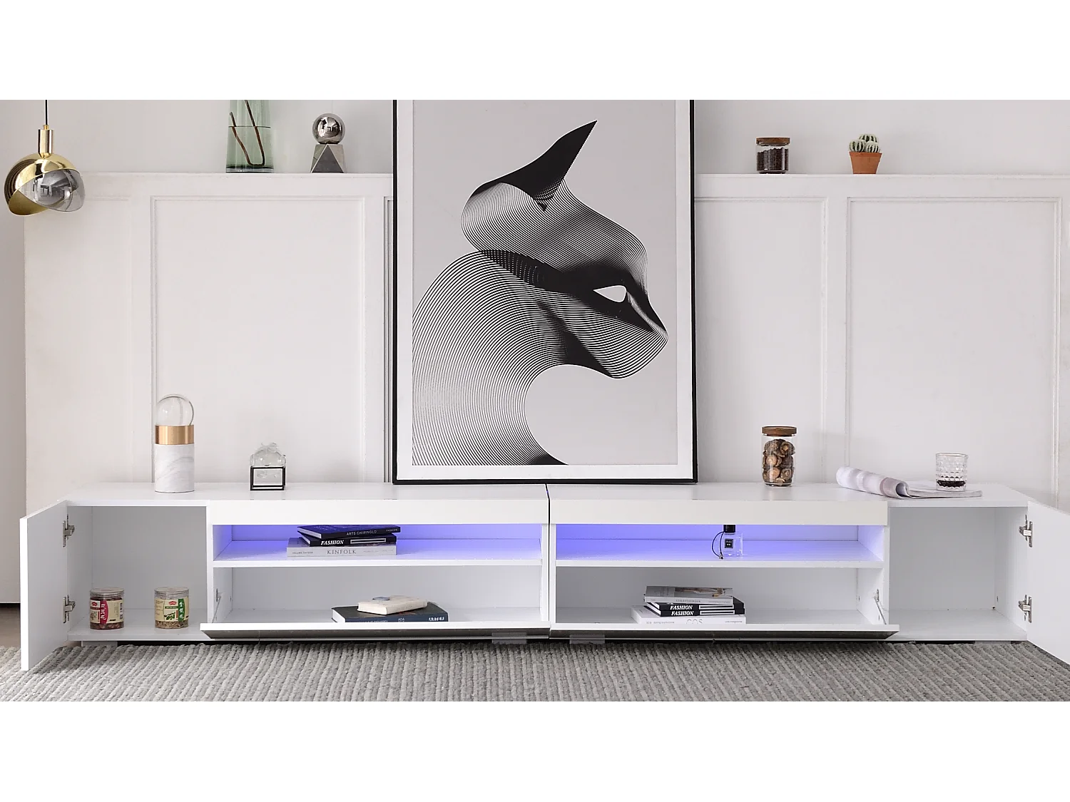 Meuble TV 240x38.5x35.5 cm, éclairage LED variable, design symétrique, MDF, blanc