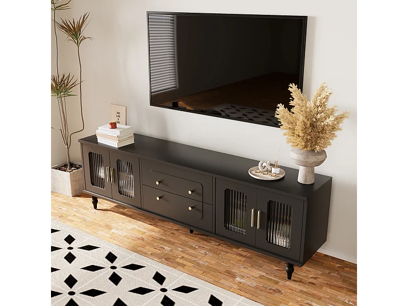Meuble TV 175x38x55.5 cm avec deux tiroirs et une porte vitrée matériau en panneaux de particules noir pour salon