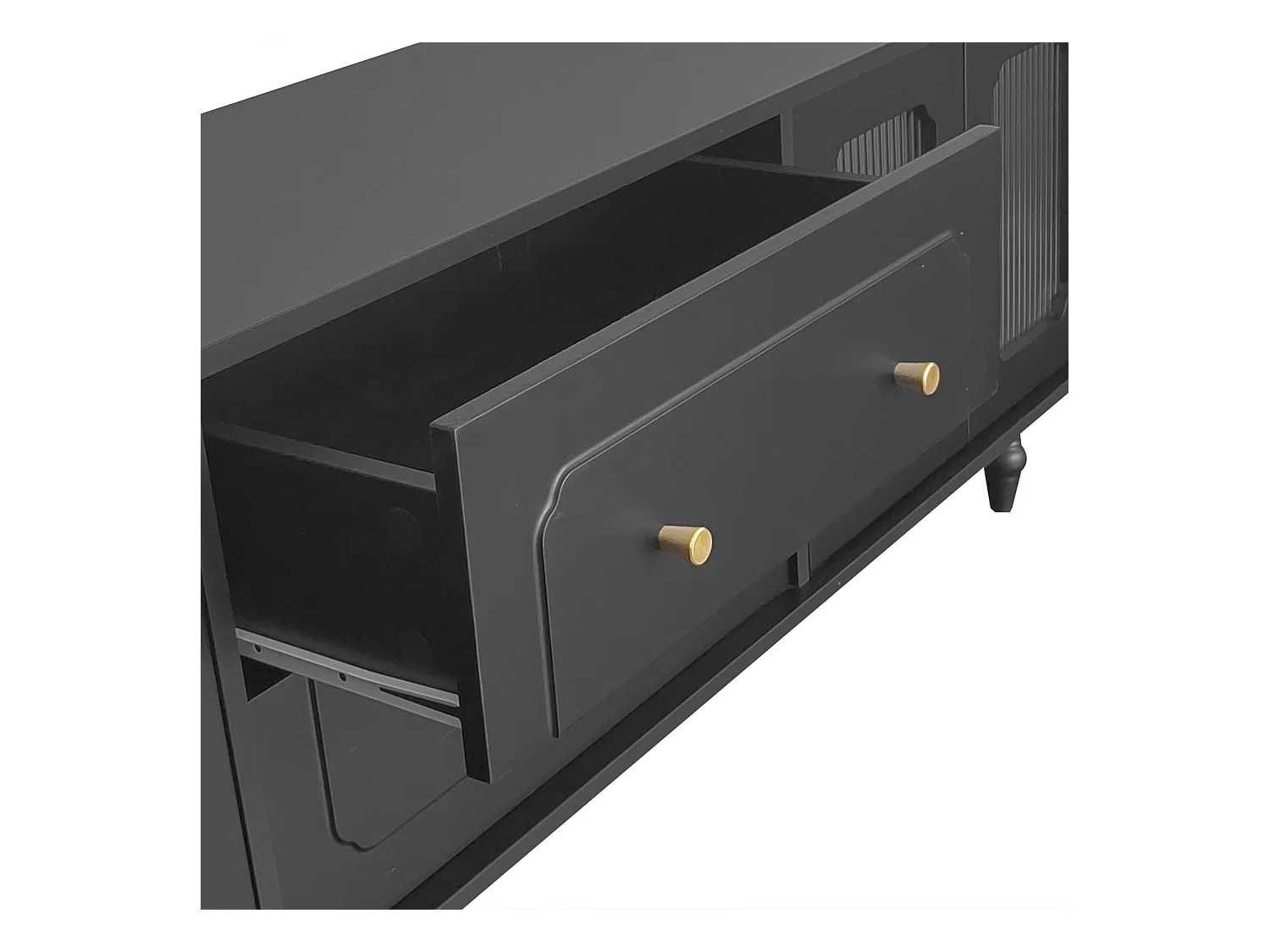 TV-meubel 175x38x55,5 cm met twee lades en een glazen deur in zwart spaanplaatmateriaal voor de woonkamer