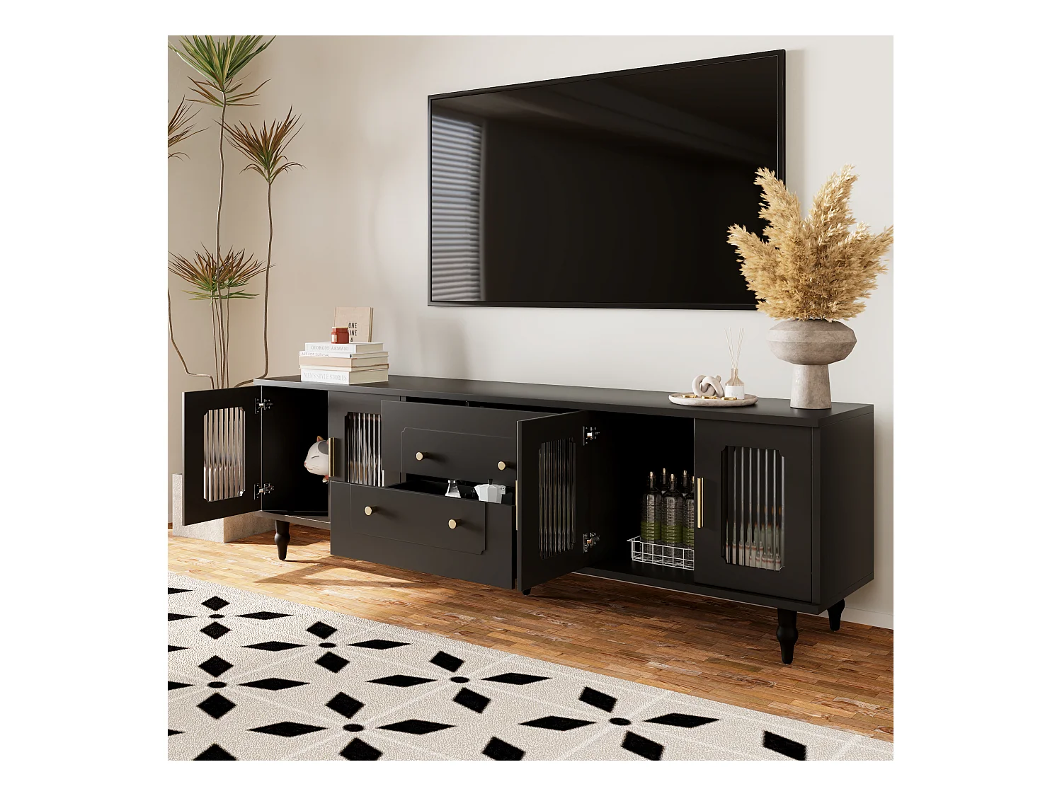 TV-meubel 175x38x55,5 cm met twee lades en een glazen deur in zwart spaanplaatmateriaal voor de woonkamer