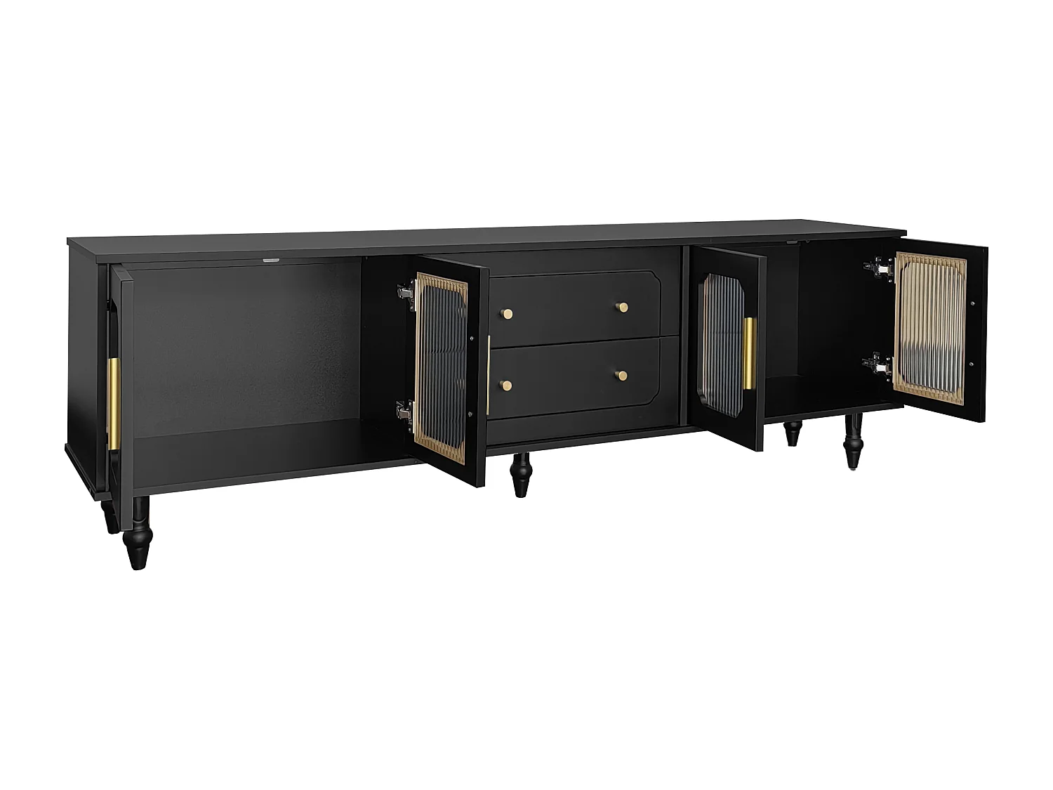 Meuble TV 175x38x55.5 cm avec deux tiroirs et une porte vitrée matériau en panneaux de particules noir pour salon