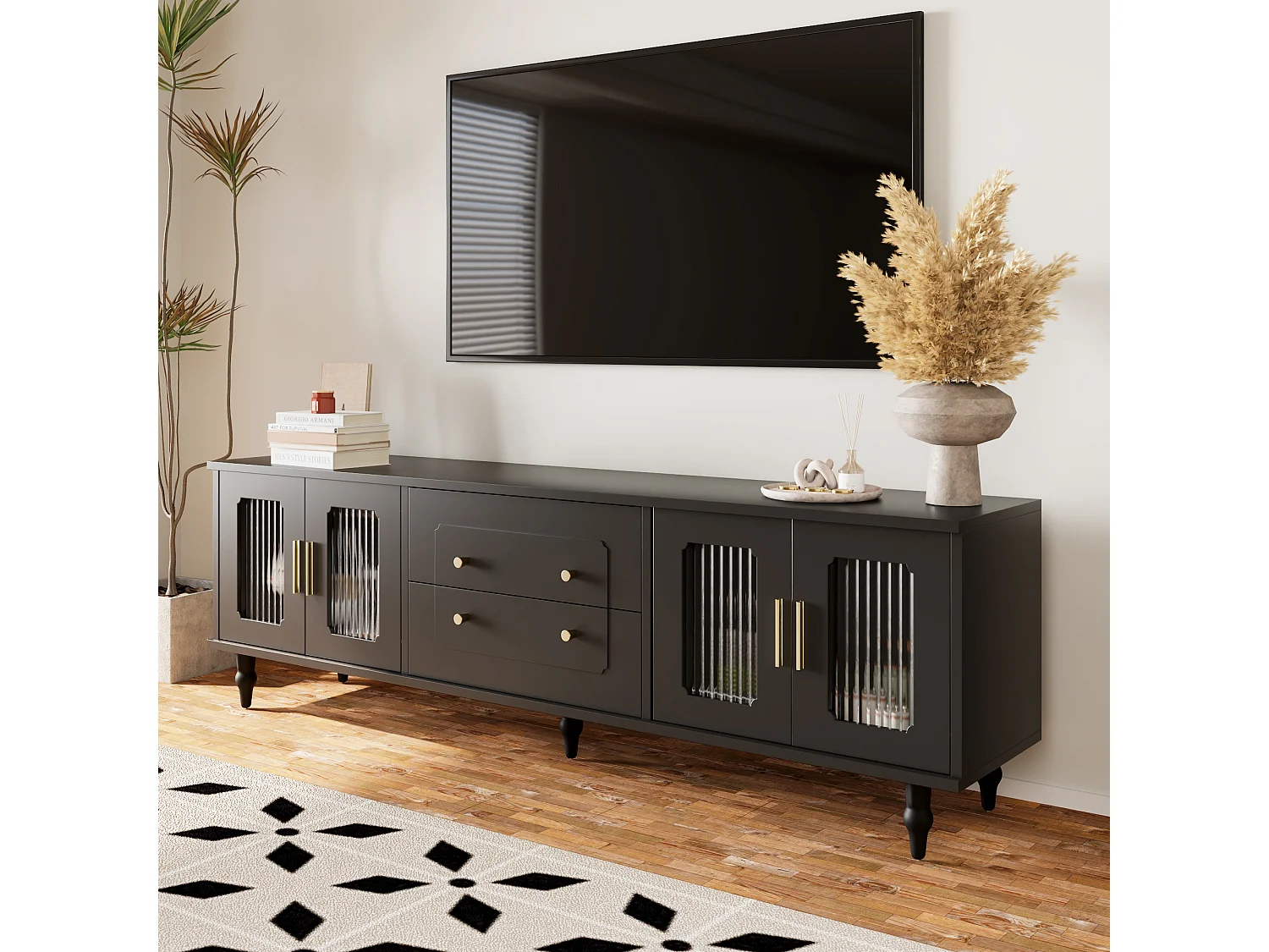 Meuble TV 175x38x55.5 cm, portes en verre trempé strié, tiroirs push to open, pieds en métal, panneaux de particules noir