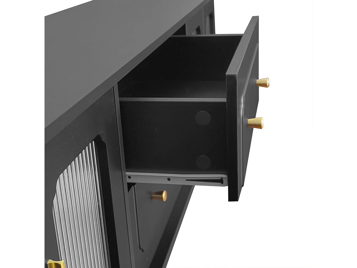 Meuble TV 175x38x55.5 cm, portes en verre trempé strié, tiroirs push to open, pieds en métal, panneaux de particules noir