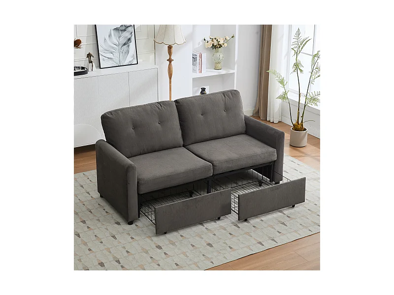 Canapé 2 places gris foncé avec 2 tiroirs,  bois et tissu.