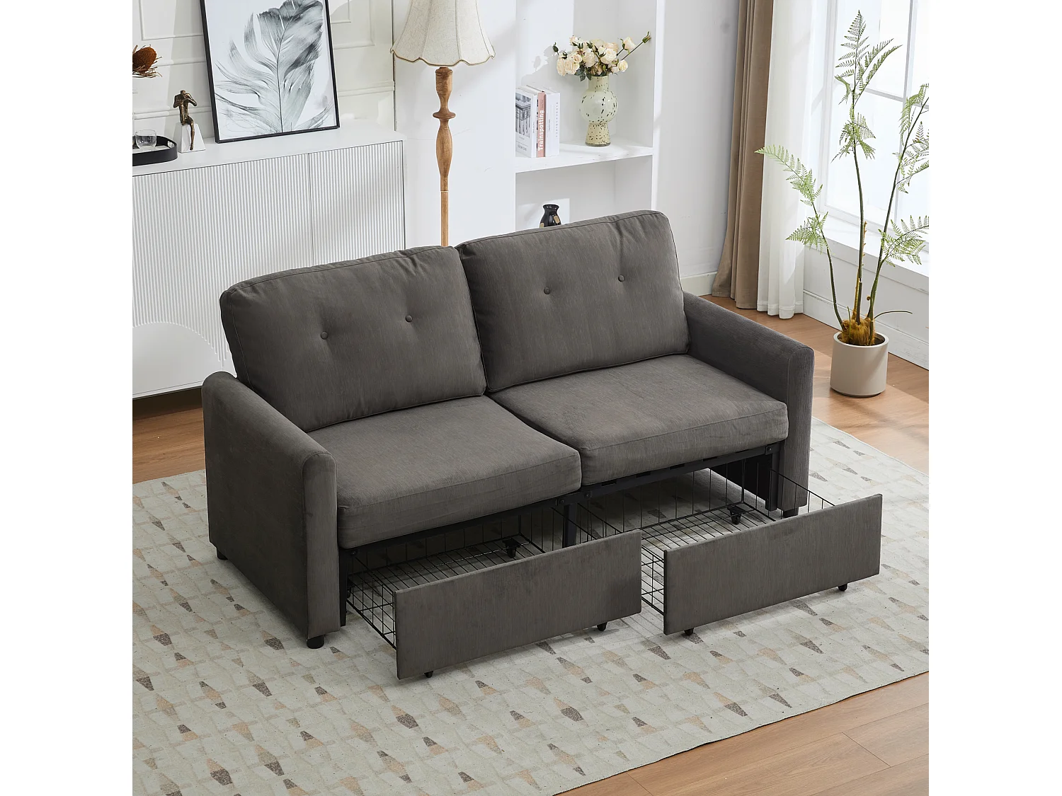 Donkergrijze 2-zitsbank met 2 lades, hout en stof.