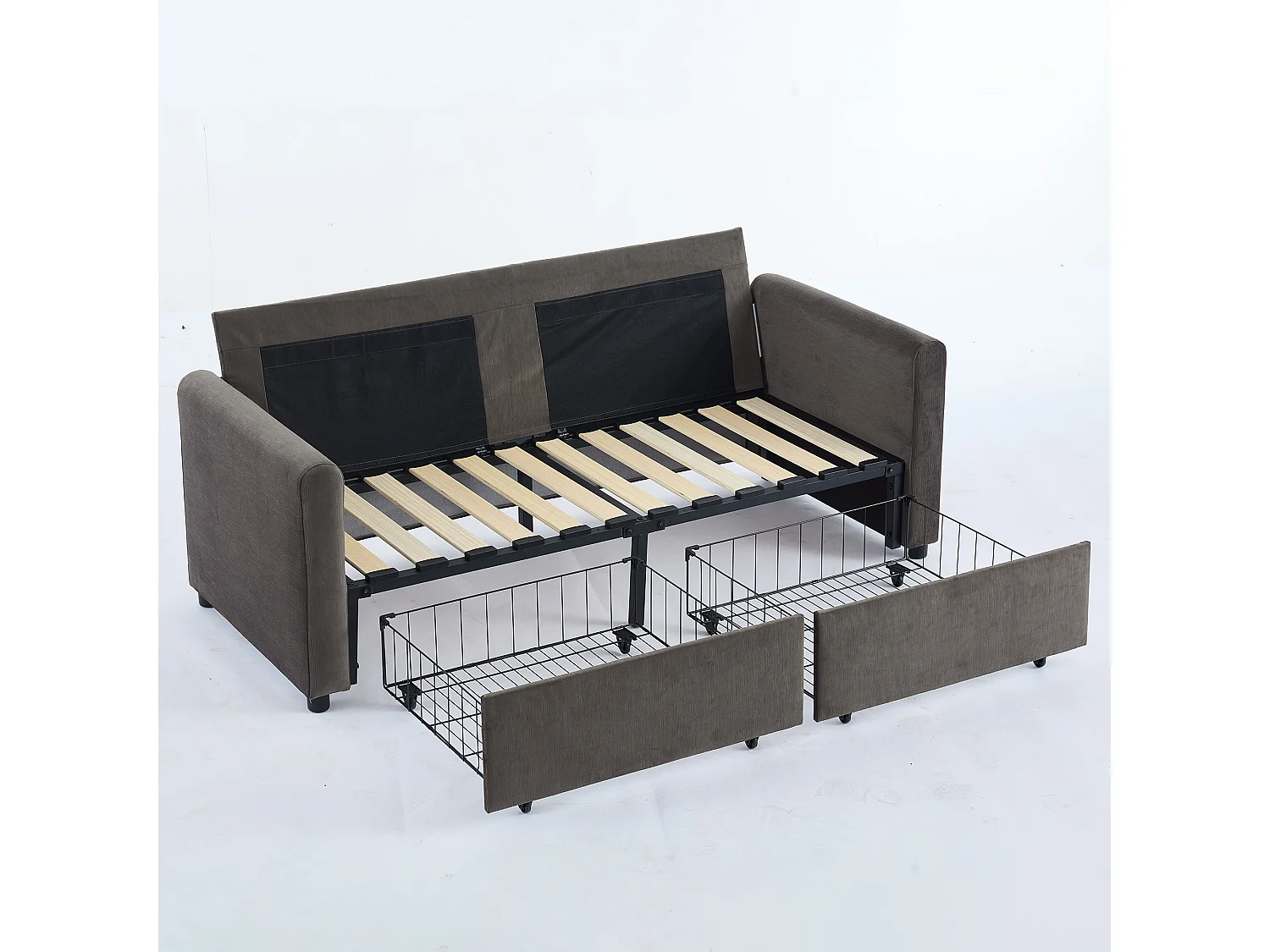 Canapé 2 places gris foncé avec 2 tiroirs,  bois et tissu.