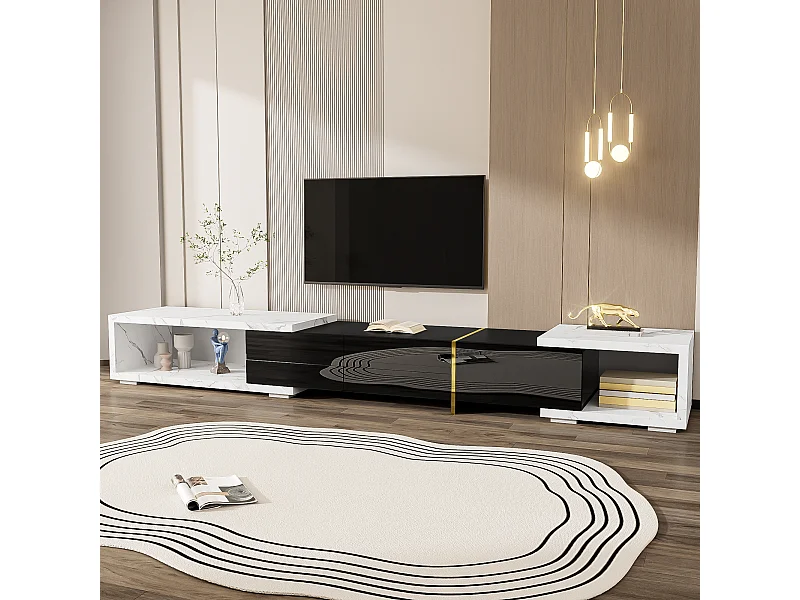 Meuble TV 260x40x30 cm avec casier à longueur réglable MDF et panneaux de particules en marbre blanc pour salon