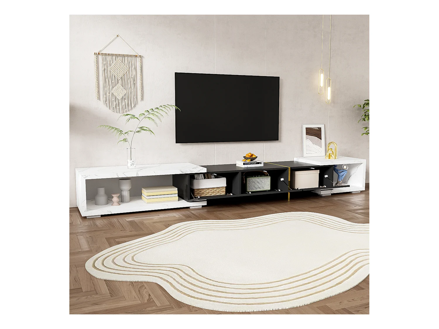 Meuble TV 260x40x30 cm avec casier à longueur réglable MDF et panneaux de particules en marbre blanc pour salon