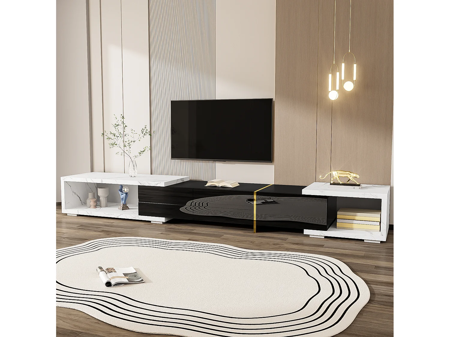 Meuble TV 260x40x30 cm avec casier à longueur réglable MDF et panneaux de particules en marbre blanc pour salon