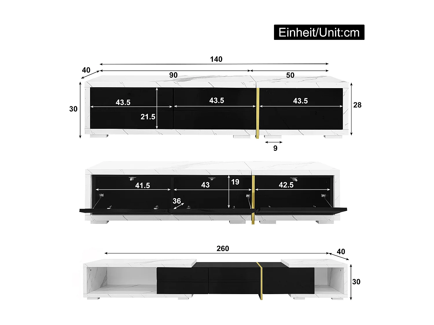 Meuble TV extensible 140x40x40 cm, pivotant, grande capacité de rangement, MDF et panneau de particules, noir et effet marbre blanc