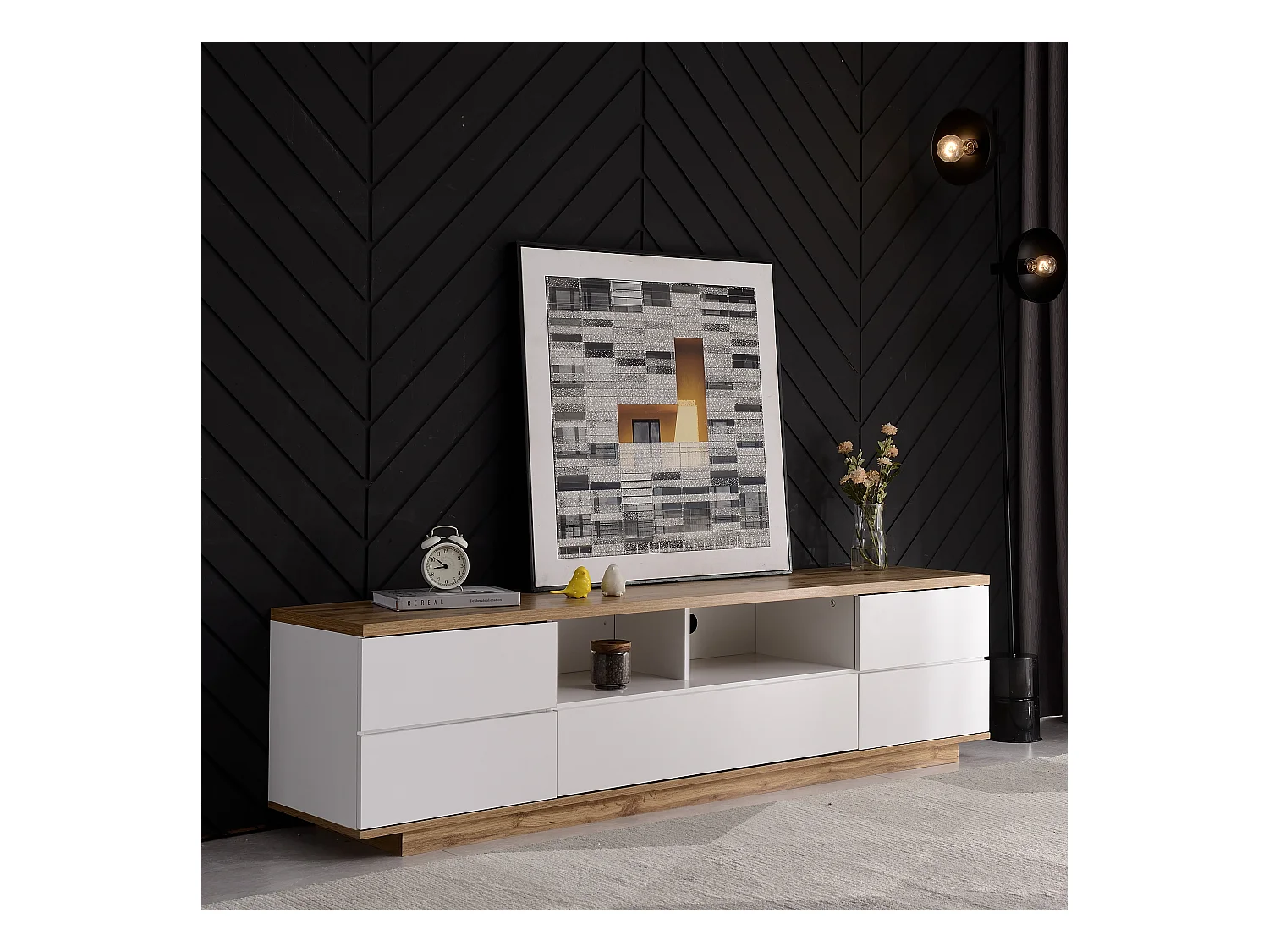 TV kast 180x38x46cm met verborgen handgrepen 5 deuren en 2 open MDF plankken brengen Materiaal MDF Wit