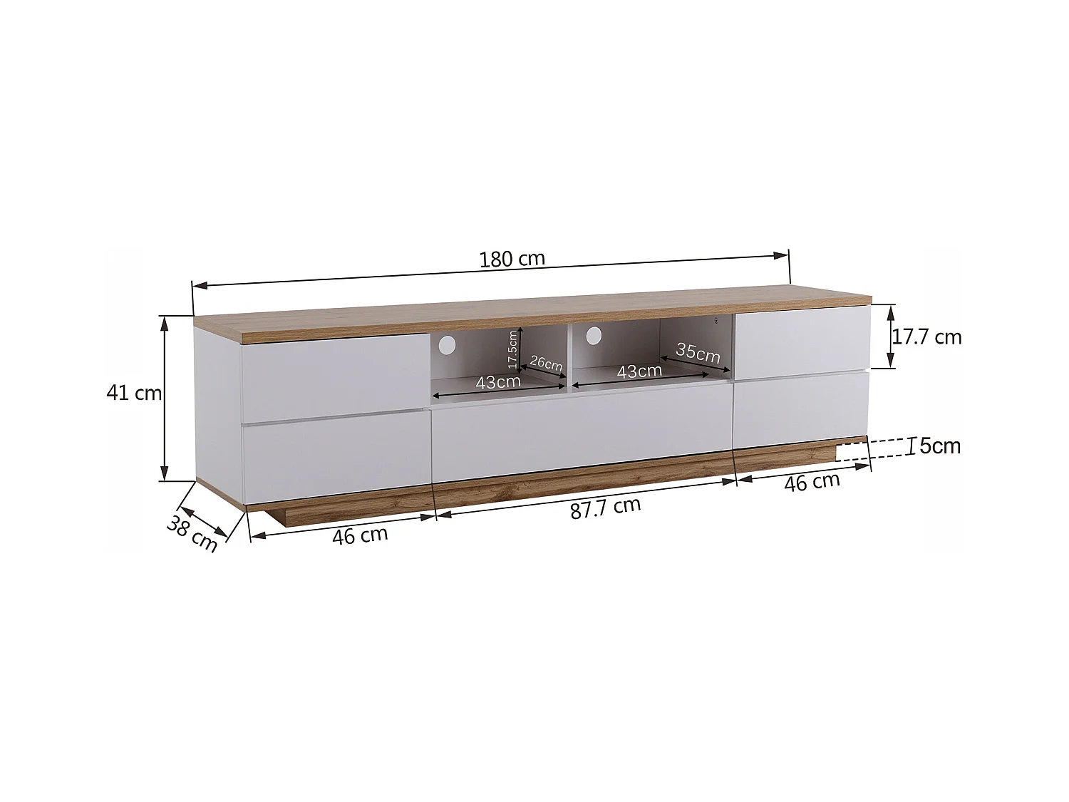 TV kast 180x38x46cm met verborgen handgrepen 5 deuren en 2 open MDF plankken brengen Materiaal MDF Wit