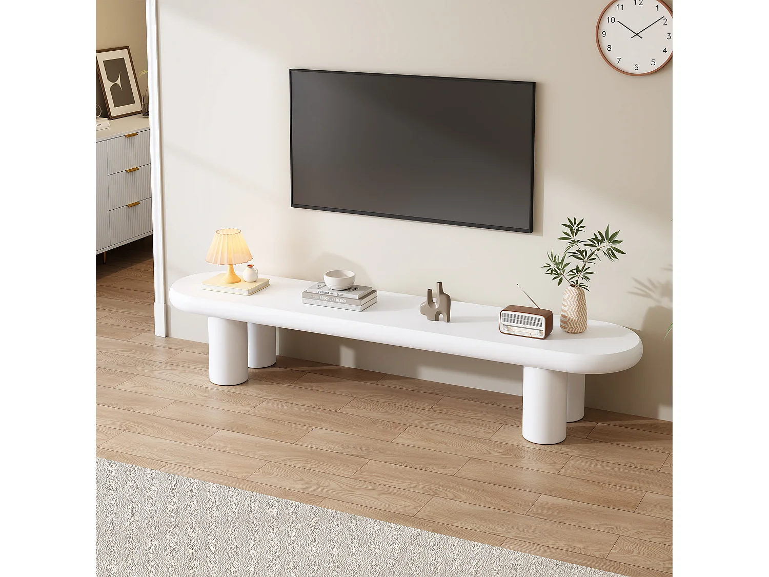 Meuble TV 160x40x40cm moderne minimaliste 4 pieds blanc pour salon