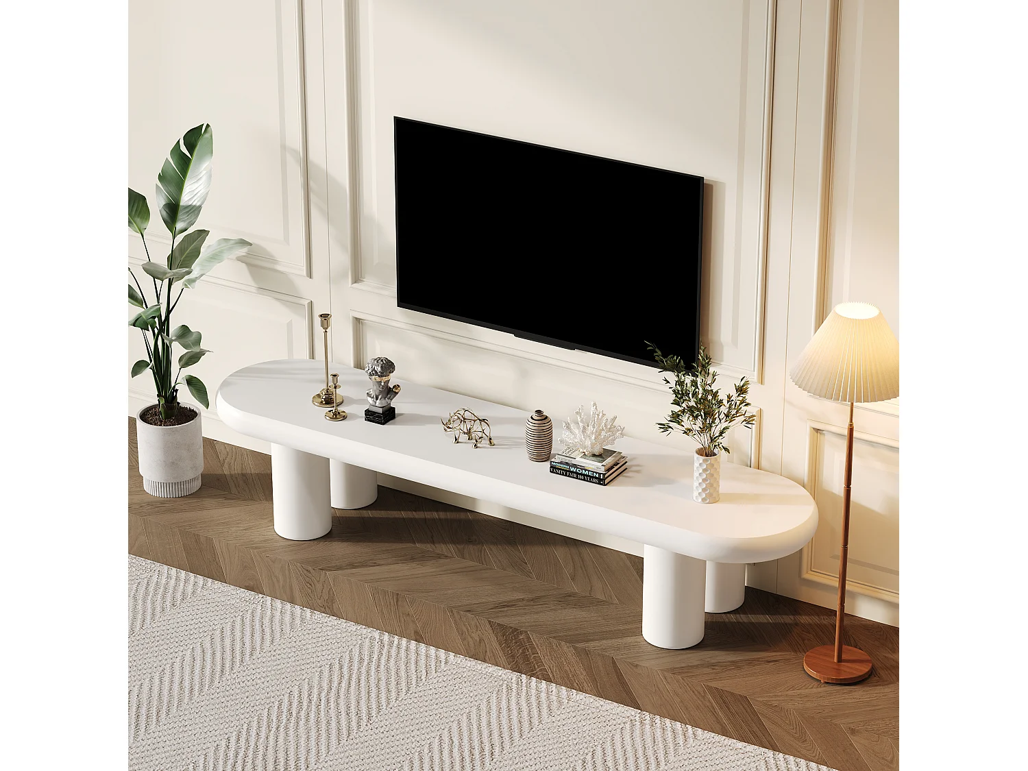 Meuble TV 160x40x40cm moderne minimaliste 4 pieds blanc pour salon