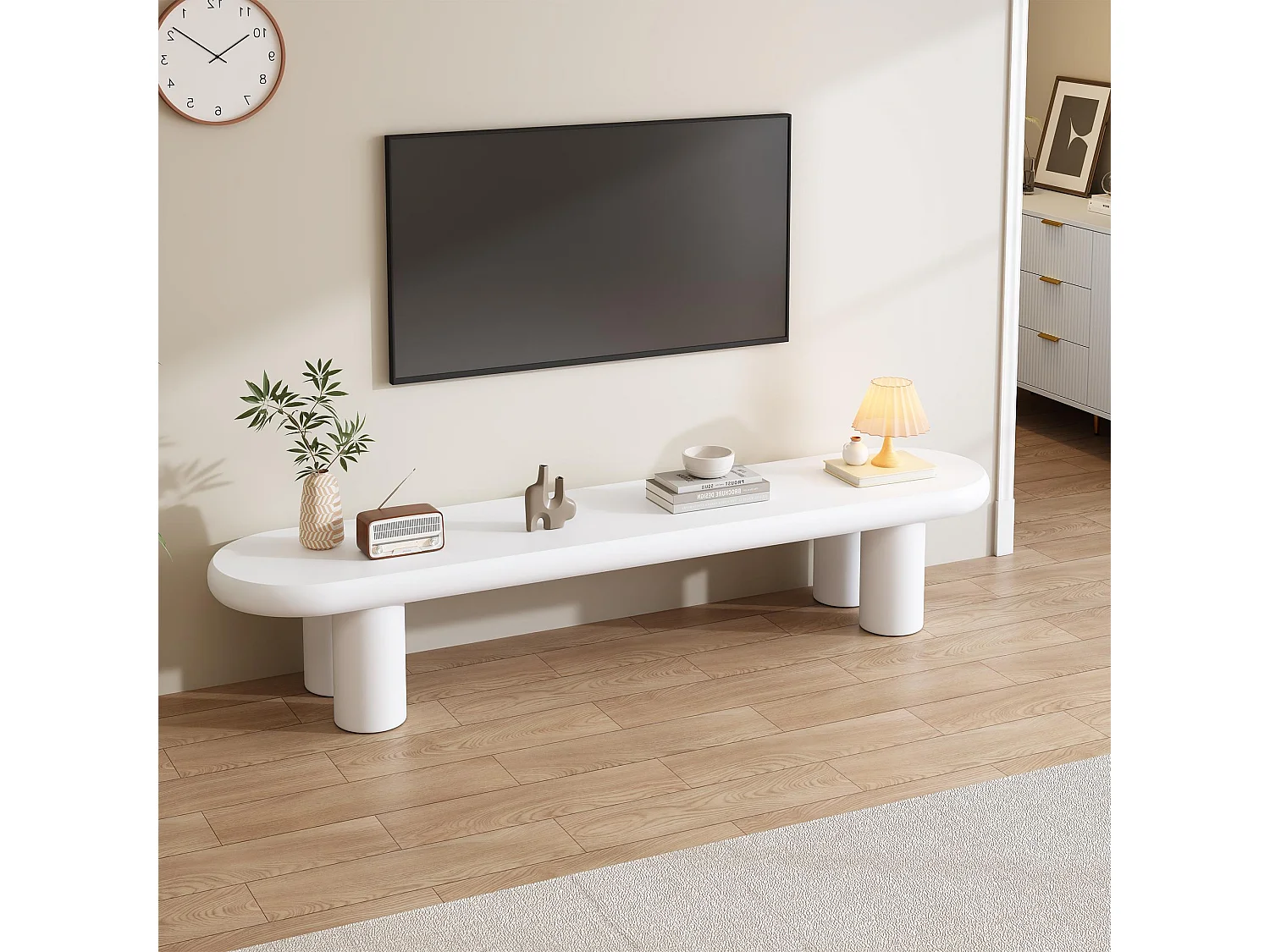 Meuble TV 160x40x40cm moderne minimaliste 4 pieds blanc pour salon
