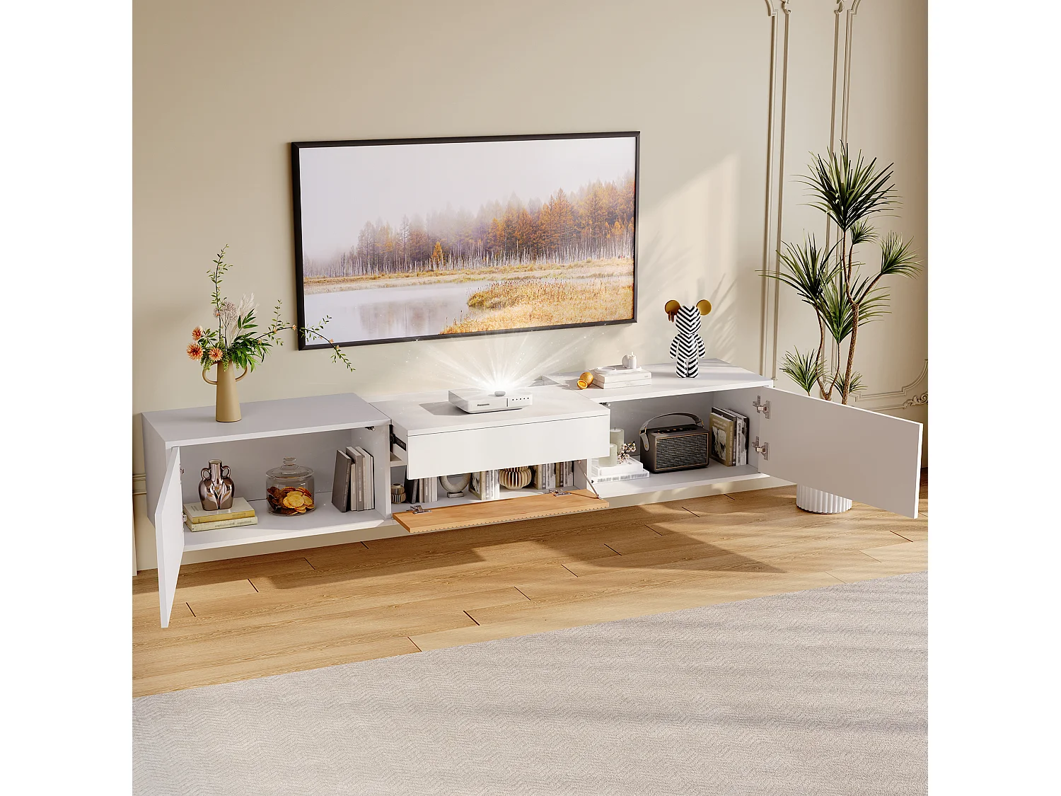 Meuble TV 180x34x30 cm, installation murale ou sur pied, plateau coulissant pour projecteur, panneaux de particules, blanc