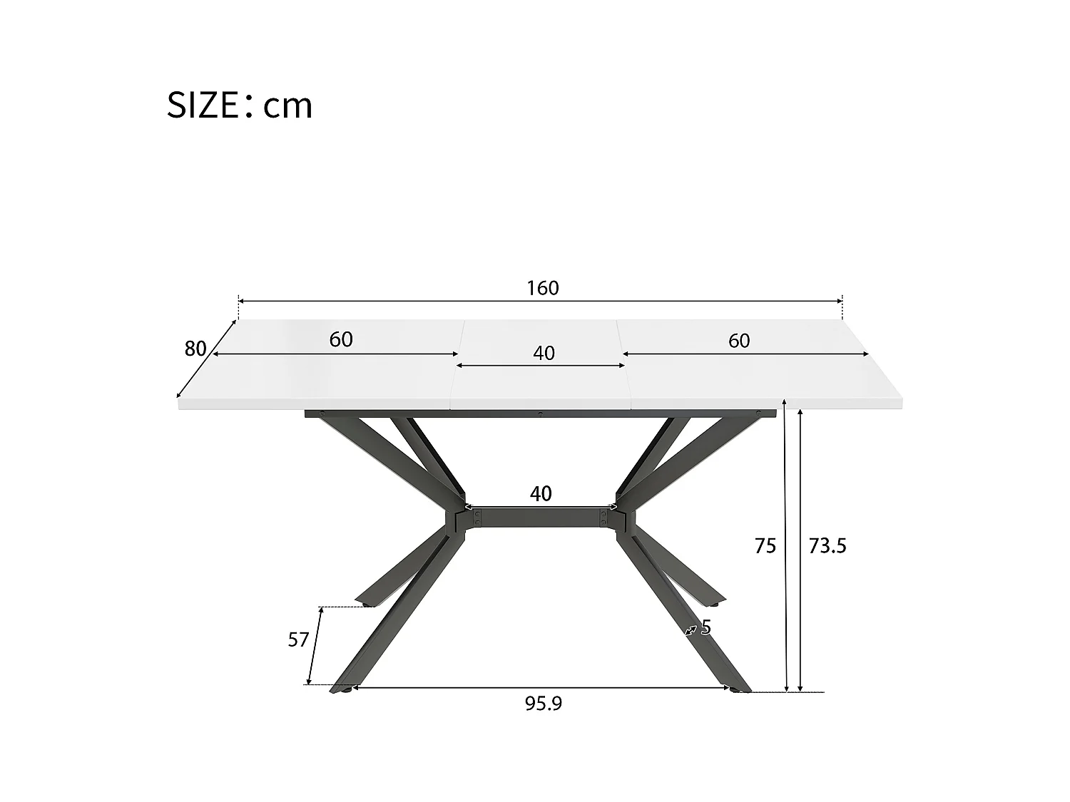 Table à Manger Extensible 120-160x80cm Rectangle Métal Noir Blanc Pour 4-6 Personnes