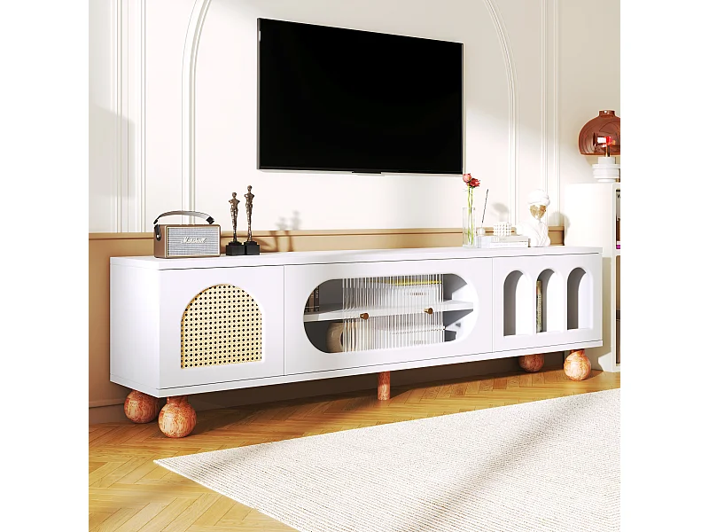 TV kast 170x37x47cm met deuren opslagruimte en houten poten brengen Materiaal Spaanplaat en Wit