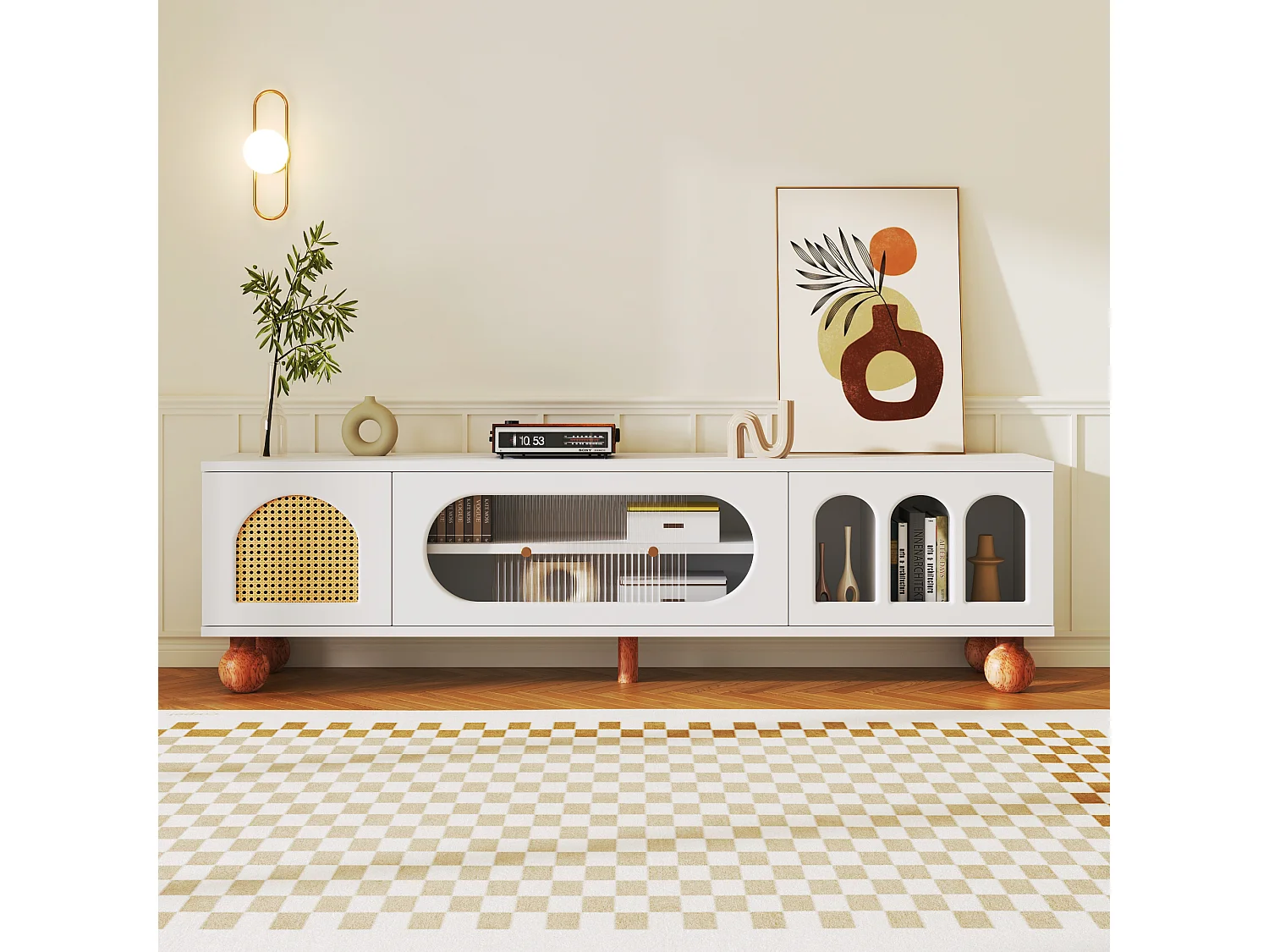 TV kast 170x37x47cm met deuren opslagruimte en houten poten brengen Materiaal Spaanplaat en Wit