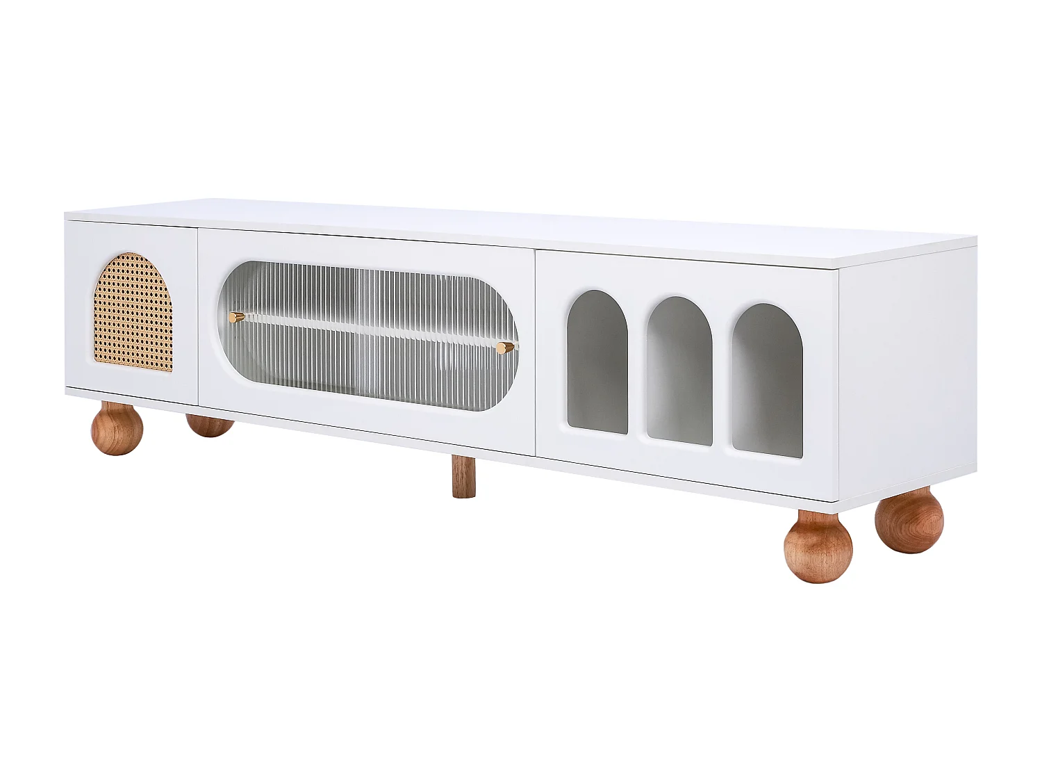 Meuble TV 170x47x37 cm, portes variées dont rotin et porte vitrine, porte coulissante en verre, panneau de particules blanc