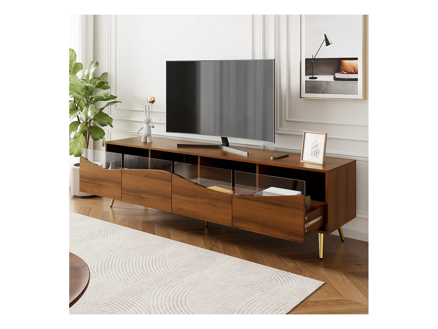 Meuble TV avec 4 portes vitrées, lumières LED, pieds en métal ,couleur bois