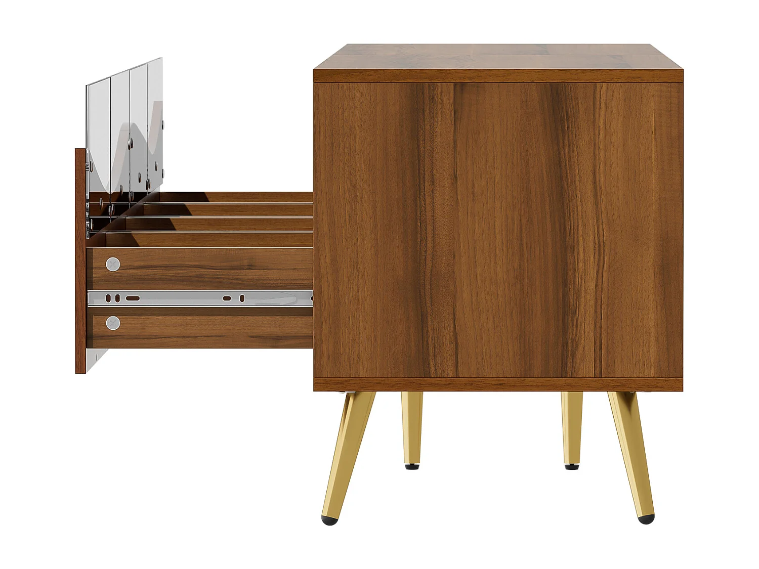 Meuble TV avec 4 portes vitrées, lumières LED, pieds en métal ,couleur bois