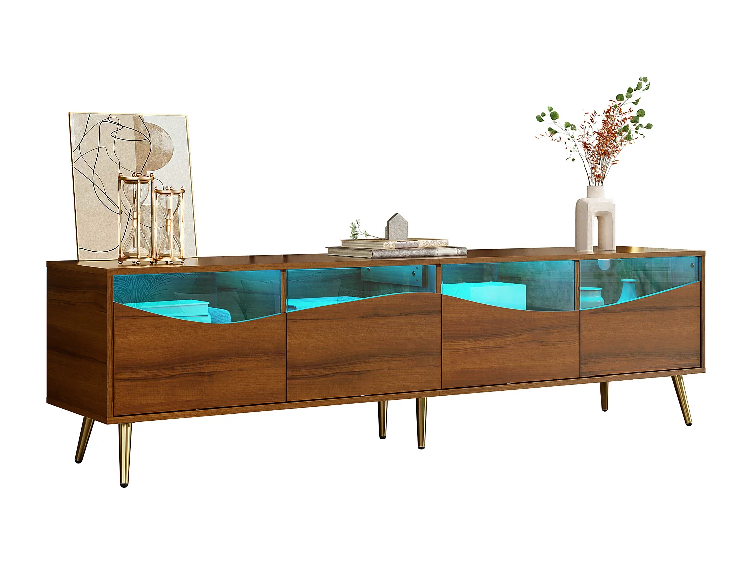 Meuble TV avec 4 portes vitrées, lumières LED, pieds en métal ,couleur bois