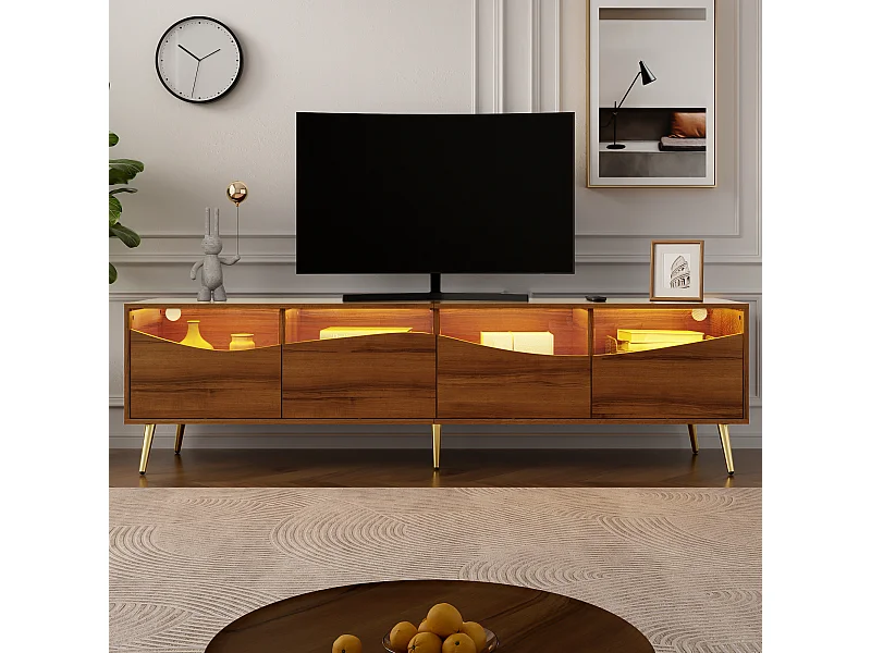TV-meubel met 4 glazen deuren, LED-verlichting, metalen poten, houtkleur