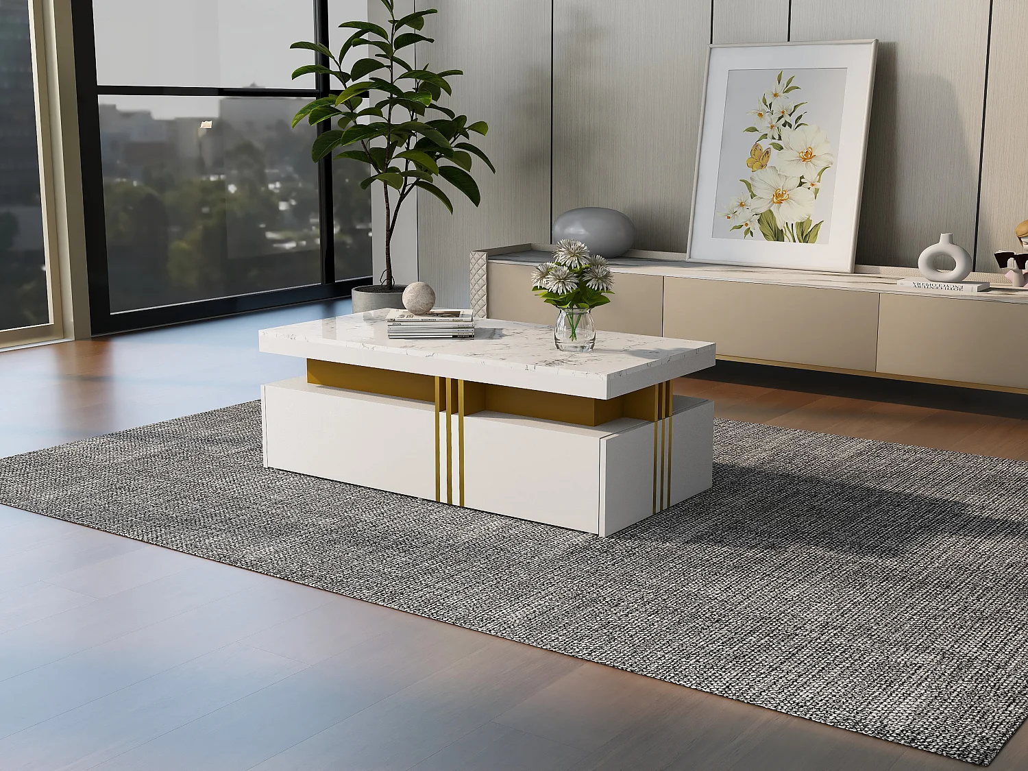 Witte salontafel en tv-meubel met opbergruimte voor de woonkamer