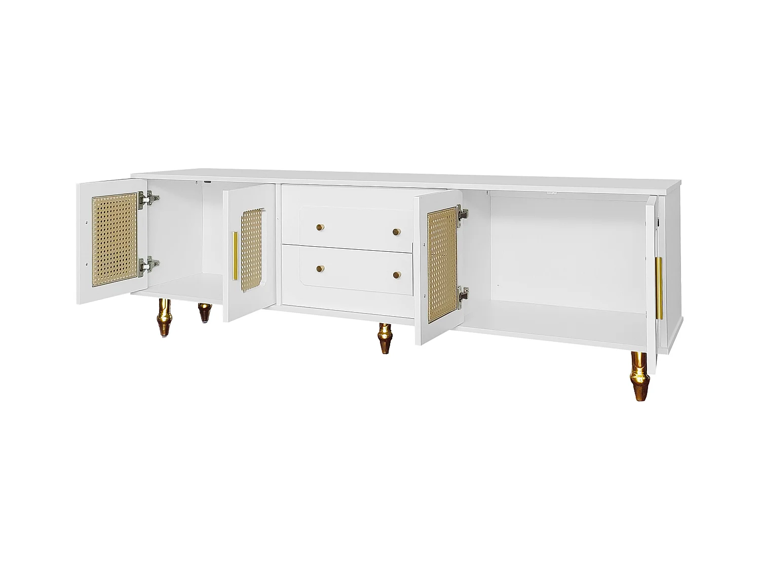 TV-meubel 175x38x55,5 cm met twee lades en een glazen deur in wit spaanplaatmateriaal voor de woonkamer