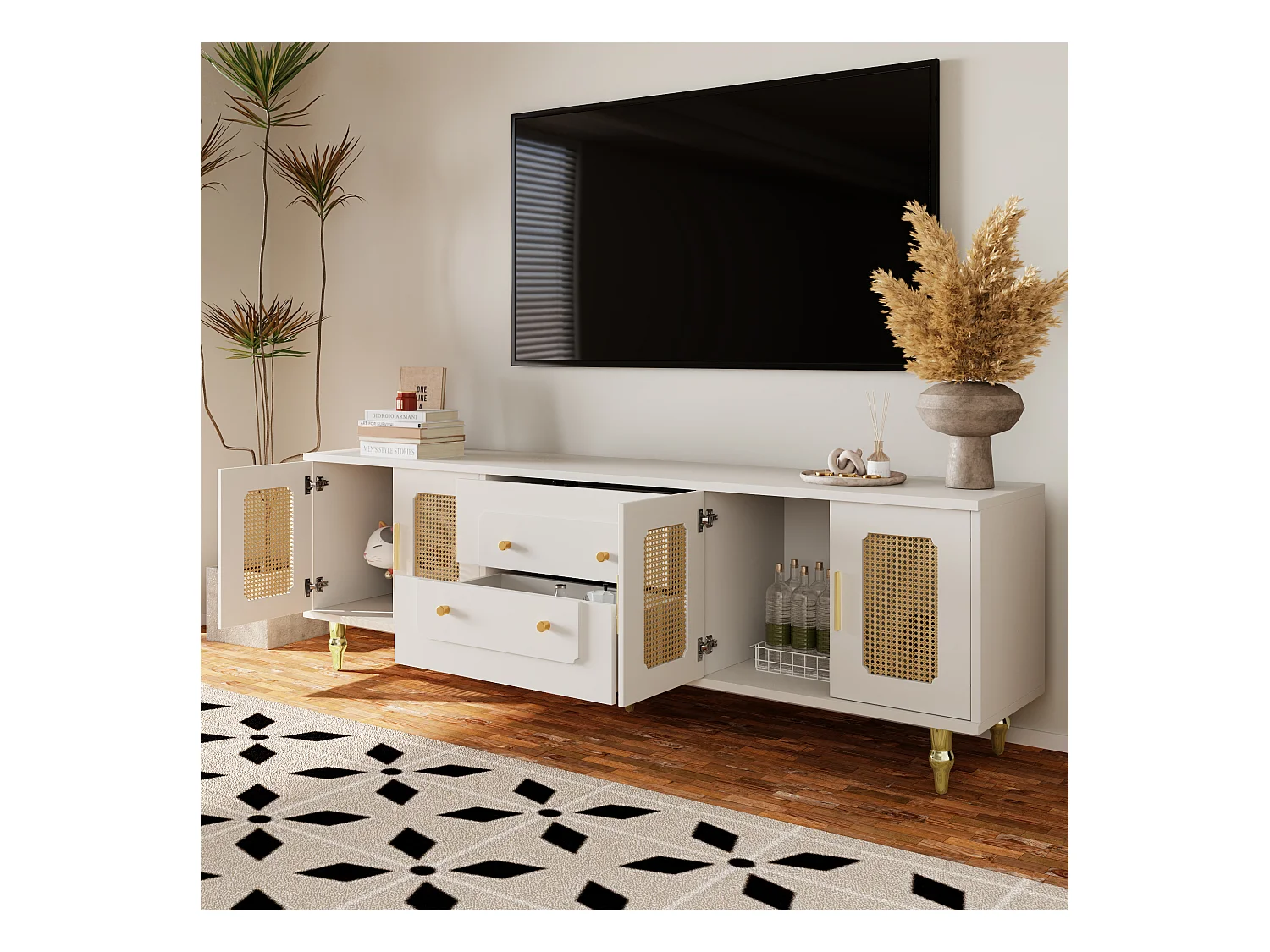 TV-meubel 175x38x55,5 cm met twee lades en een glazen deur in wit spaanplaatmateriaal voor de woonkamer